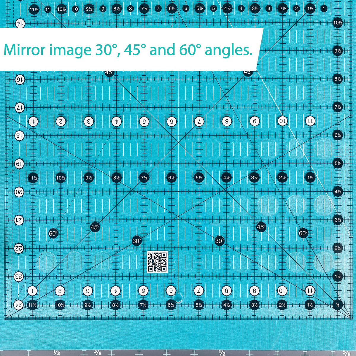 Top-down view of the Creative Grids 12-1/2 x 24-1/2 inch ruler CGR1224 on teal fabric showing the mirror image 30, 45, and 60 degree lines, with a brand caption naming them.