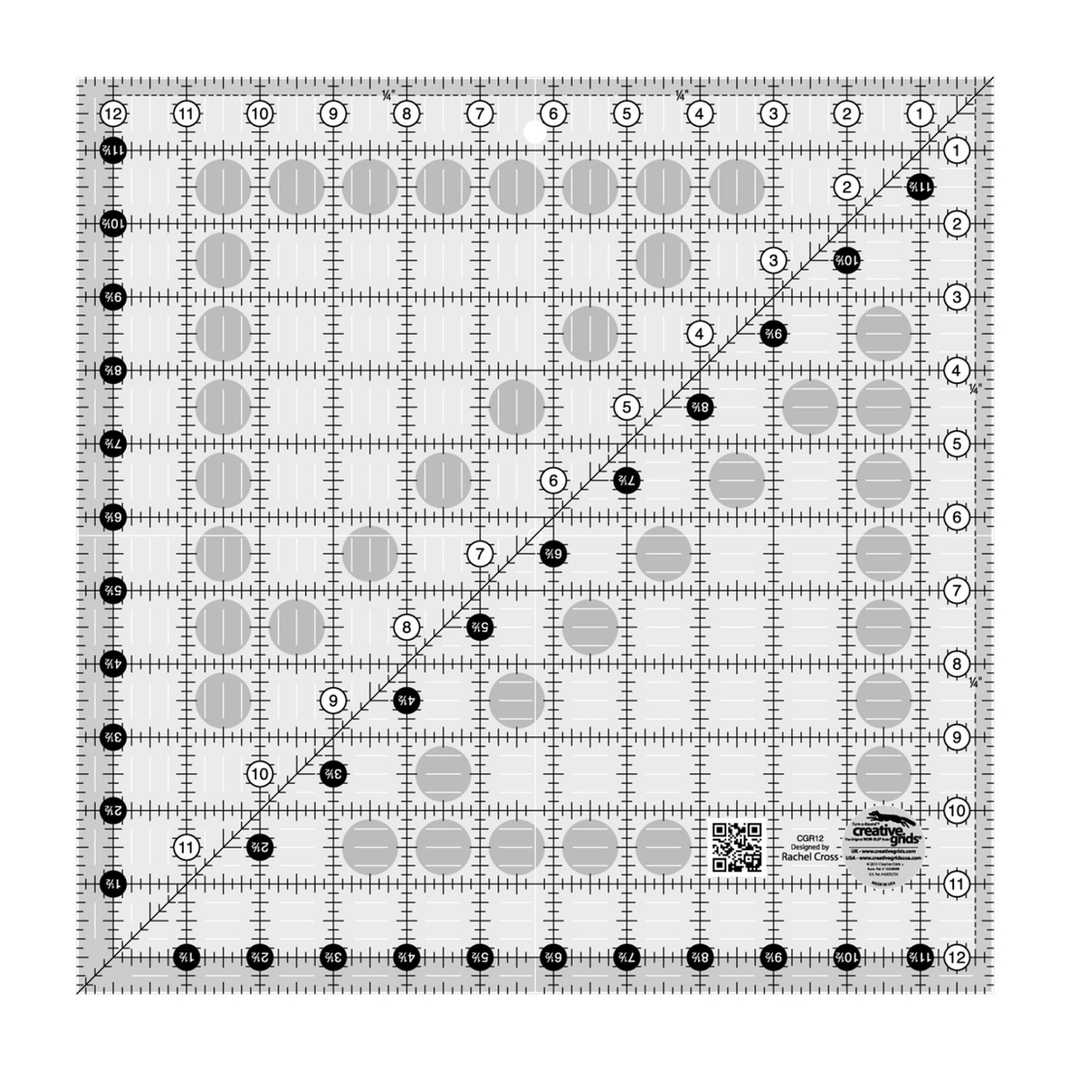 Creative Grids 12-1/2 inch square quilt ruler CGR12 by Rachel Cross, grayscale render on white: 1 inch grid with 1/8 inch tick marks, black numbers 1 to 12 in white dots on two edges, white half-inch numbers 1-1/2 to 11-1/2 in black dots on the other two, a second run of numbers along the 45 degree diagonal, 1/4 inch dashed seam line inside two edges, white centering lines, a QR code, and the Creative Grids non-slip logo circle marked Made in USA.