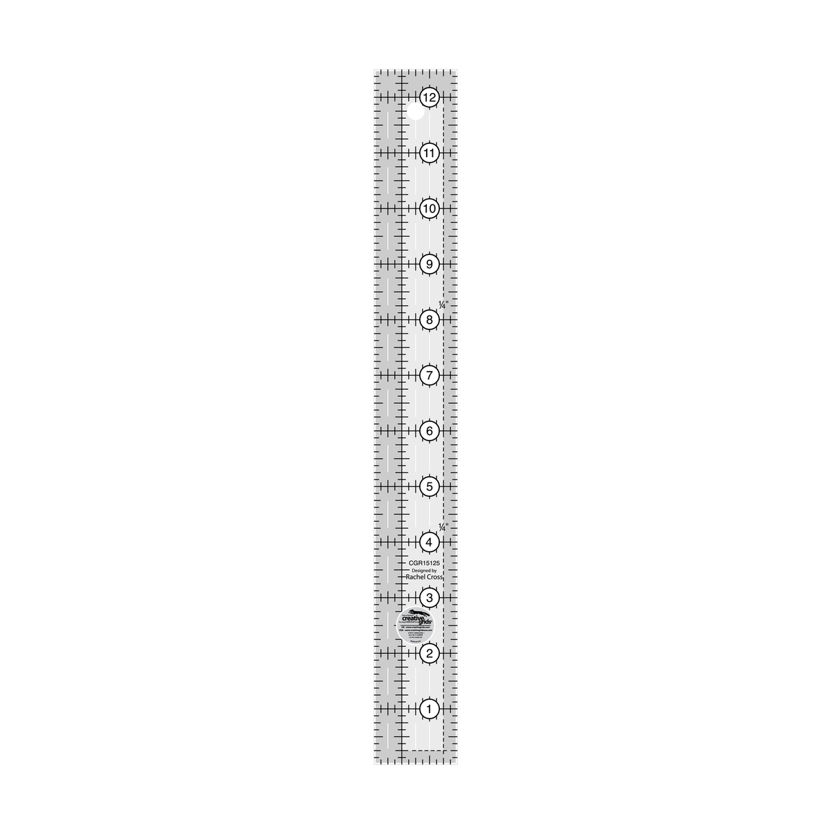 Creative Grids 1-1/2 x 12-1/2 inch rectangle quilt ruler CGR15125 by Rachel Cross, grayscale render on white: 1 inch grid with 1/8 inch tick marks, black numbers 1 to 12 in white dots along the length, white quarter-inch dashes across the width, a 1/4 inch dashed seam line inside one long edge and across one end, a hanging hole, and the Creative Grids non-slip logo circle.