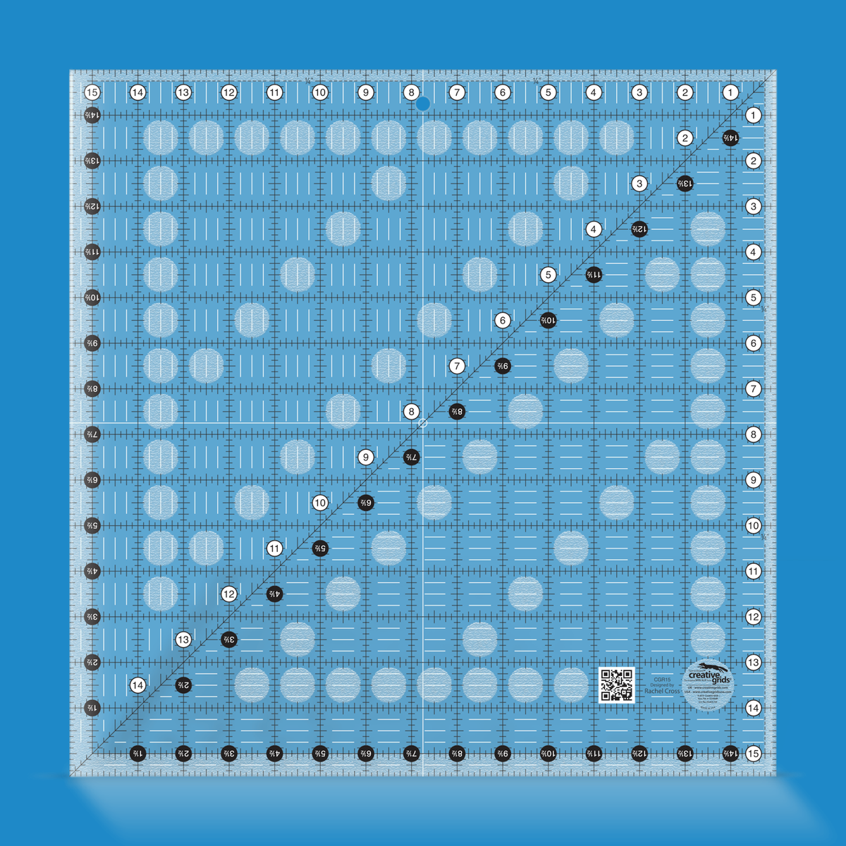 Creative Grids 15-1/2 inch square quilt ruler CGR15 by Rachel Cross rendered in translucent blue acrylic with black and white grid markings, whole-inch numbers in white dots, half-inch Turn-a-Round numbers in black dots, a 45 degree diagonal, a 1/4 inch dashed seam line, and white centering lines.