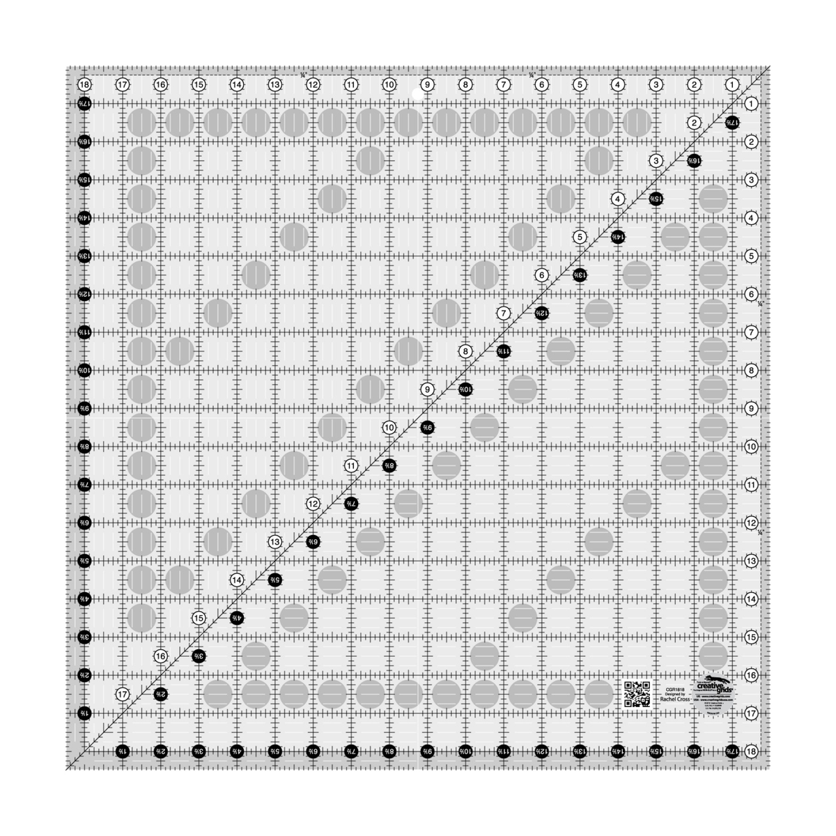 Creative Grids 18-1/2 inch square quilt ruler CGR1818 by Rachel Cross, grayscale render on white: 1 inch grid with 1/8 inch tick marks, black numbers 1 to 18 in white dots on two edges, white half-inch numbers 1-1/2 to 17-1/2 in black dots on the other two, a second run of numbers along the 45 degree diagonal, 1/4 inch dashed seam line inside two edges, white centering lines, a QR code, and the Creative Grids non-slip logo circle marked Made in USA.