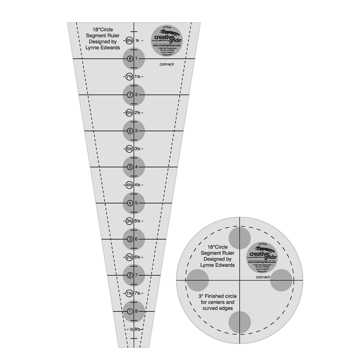 Creative Grids 18 Degree Dresden Plate CGR18CF by Lynne Edwards, wedge ruler and round center template, grayscale render on white: the wedge prints 18 Degree Circle Segment Ruler, with two center number scales reading 1/2 to 8 1/2 inches in opposite directions, solid whole inch cross lines, and dashed lines inside both angled sides. The circle prints 3 inch Finished circle for centers and curved edges, with a dashed inner circle. Both show gray non-slip grip dots and the Creative Grids logo circle.