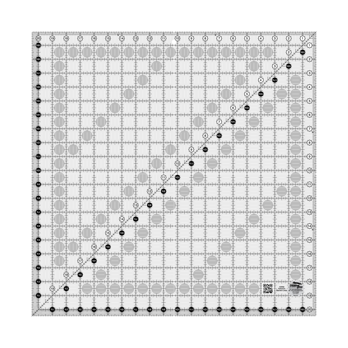 Creative Grids 20-1/2 inch square quilt ruler CGR20 by Rachel Cross, grayscale render on white: 1 inch grid with 1/8 inch tick marks, black numbers 1 to 20 in white dots on two edges, white half-inch numbers 1-1/2 to 19-1/2 in black dots on the other two, a second run of numbers along the 45 degree diagonal, 1/4 inch dashed seam line inside two edges, white centering lines, a QR code, and the Creative Grids non-slip logo circle marked Made in USA.