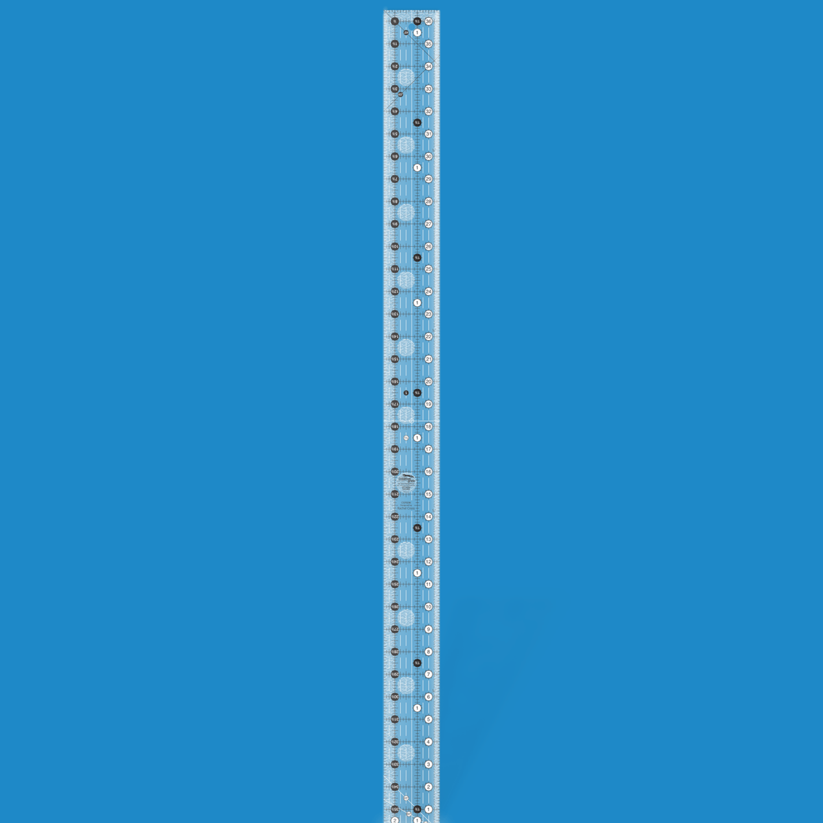 Creative Grids 2-1/2 x 36-1/2 inch yardstick quilt ruler CGR236 by Rachel Cross rendered in translucent blue acrylic with black and white grid markings, whole-inch numbers in white dots, half-inch Turn-a-Round numbers in black dots, 45 and 30/60 degree lines, a 1/4 inch dashed seam line, and white centering lines.