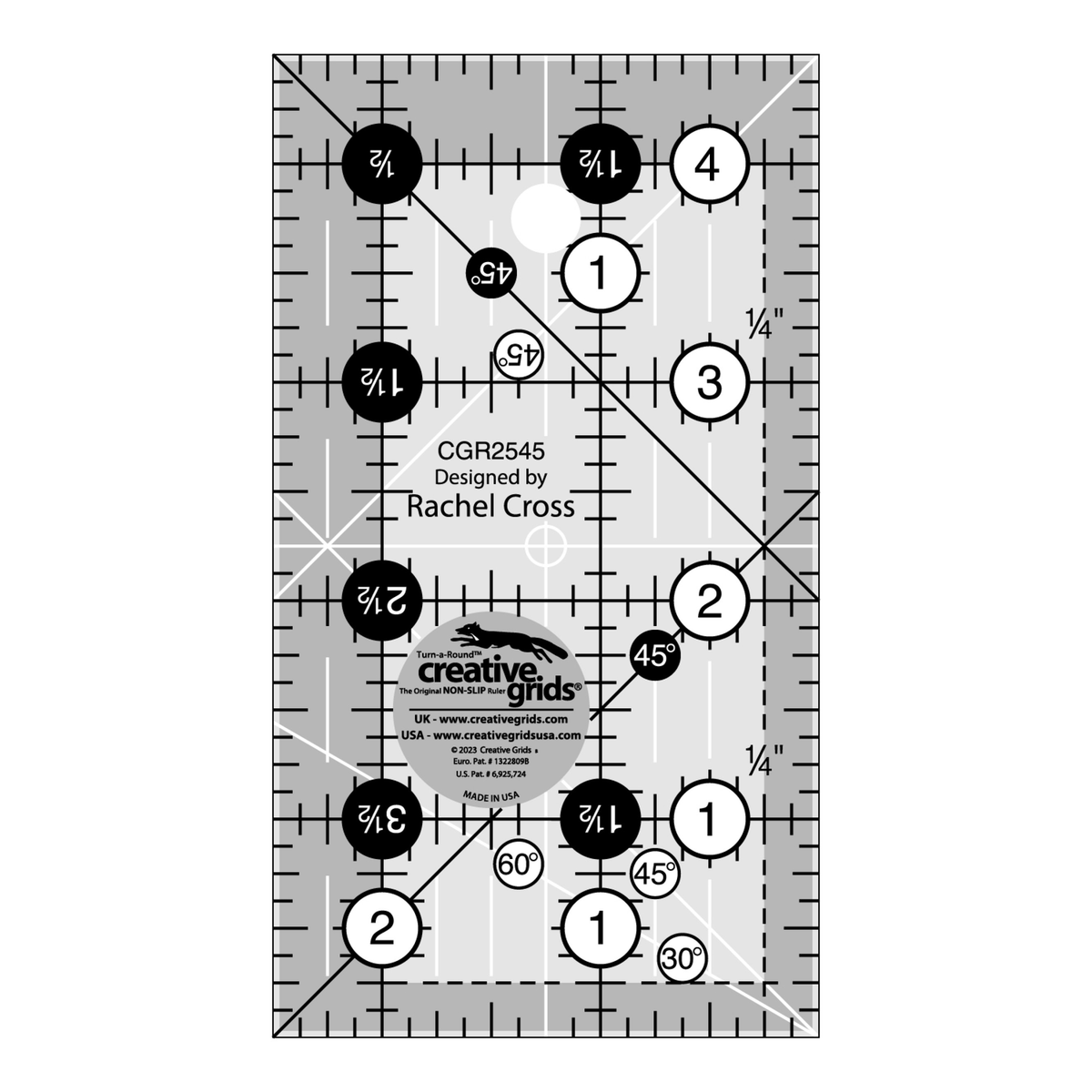 Creative Grids 2-1/2 x 4-1/2 inch rectangle quilt ruler CGR2545 by Rachel Cross, grayscale render on white: 1 inch grid with 1/8 inch tick marks, black numbers 1 to 4 in white dots up one long edge and 1 to 2 along the bottom, white half-inch Turn-a-Round numbers in black dots on the other two edges, two black 45 degree lines crossing on the 1/4 inch seam line, two white 45 degree lines and a white 30/60 line at one end, white centering lines, and the Creative Grids logo circle.