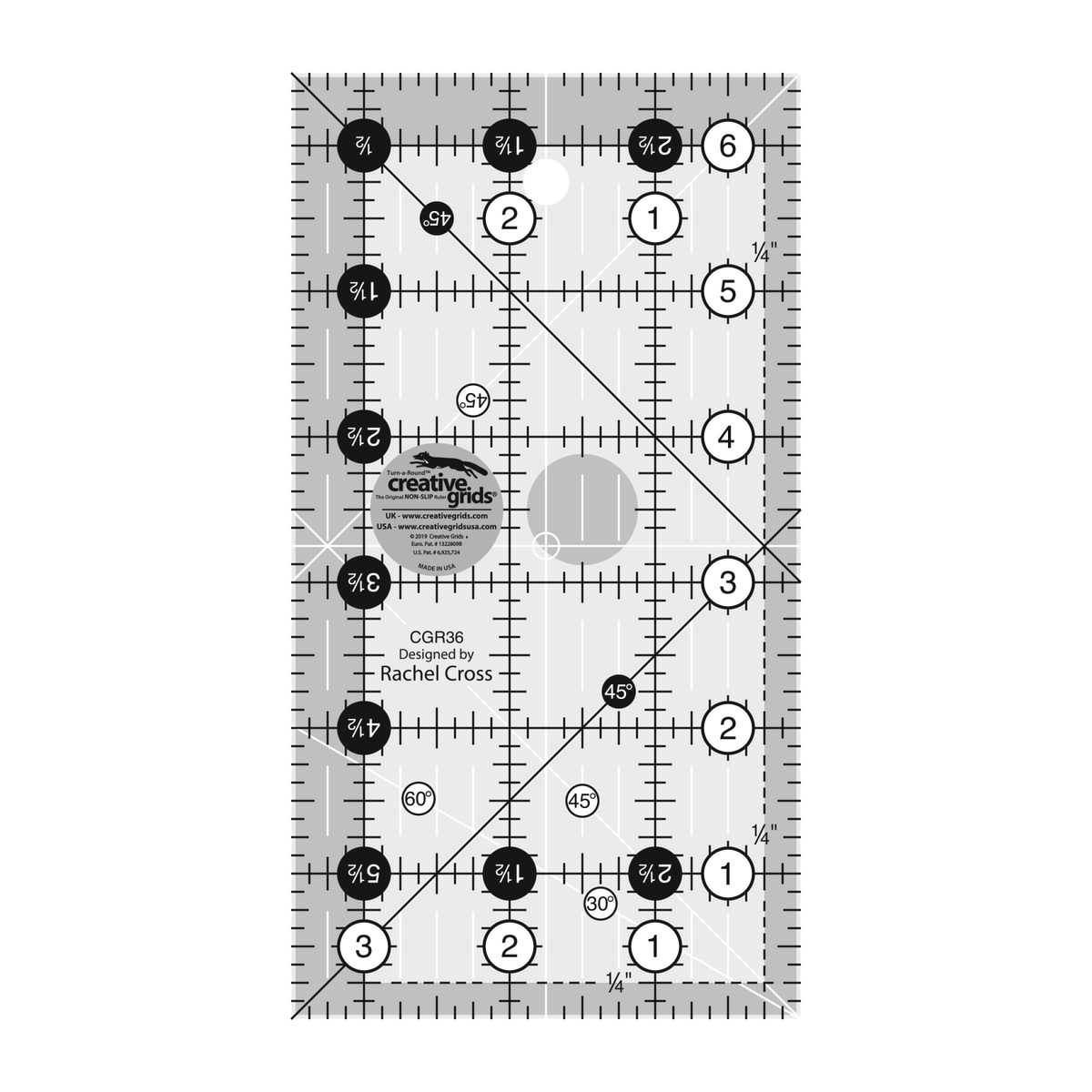 Creative Grids 3-1/2 x 6-1/2 inch rectangle quilt ruler CGR36 by Rachel Cross, grayscale render on white: 1 inch grid with 1/8 inch tick marks, black numbers 1 to 6 in white dots up one long edge and 1 to 3 along the bottom, white half-inch Turn-a-Round numbers in black dots on the other two edges, two black 45 degree lines crossing on the 1/4 inch seam line, two white 45 degree lines and a white 30/60 line at one end, white centering lines, and the Creative Grids logo circle.