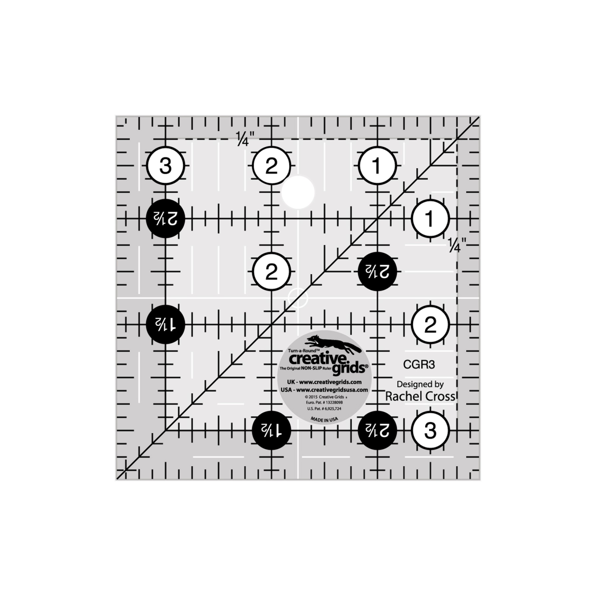 Creative Grids 3-1/2 inch square quilt ruler CGR3 by Rachel Cross, grayscale render on white: 1 inch grid with 1/8 inch tick marks, black numbers 1 to 3 in white dots on two edges, white half-inch numbers 1-1/2 and 2-1/2 in black dots on the other two, one 45 degree diagonal, 1/4 inch dashed seam line inside two edges, white centering lines, a hanging hole, and the Creative Grids non-slip logo circle.