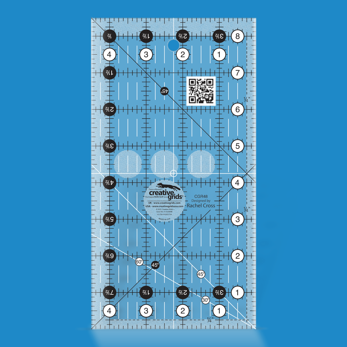 Creative Grids 4-1/2 x 8-1/2 inch rectangle quilt ruler CGR48 by Rachel Cross rendered in translucent blue acrylic with black and white grid markings, whole-inch numbers in white dots, half-inch Turn-a-Round numbers in black dots, crossed 45 degree lines, a 30/60 degree line, a 1/4 inch dashed seam line, and white centering lines.