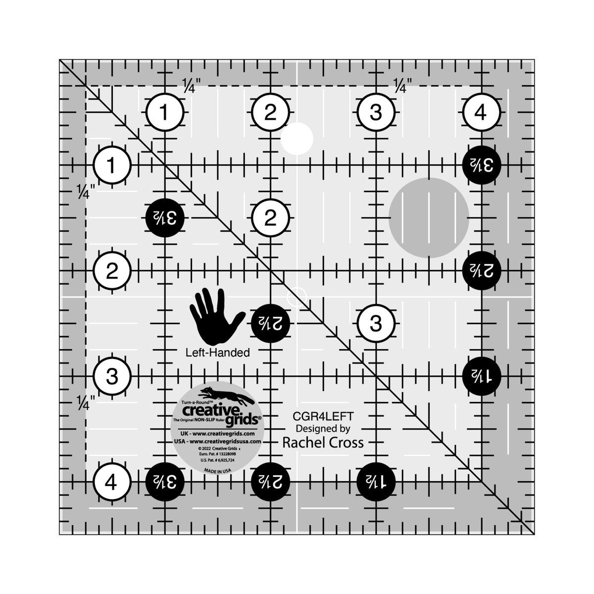 Creative Grids left handed 4-1/2 inch square quilt ruler CGR4LEFT by Rachel Cross, grayscale render on white: 1 inch grid with 1/8 inch tick marks, black numbers 1 to 4 in white dots along the top and left edges, white half-inch Turn-a-Round numbers in black dots on the right and bottom, one 45 degree diagonal from top left to bottom right, 1/4 inch dashed seam line inside the top and left edges, white centering lines, a left-hand icon, and the Creative Grids logo circle.