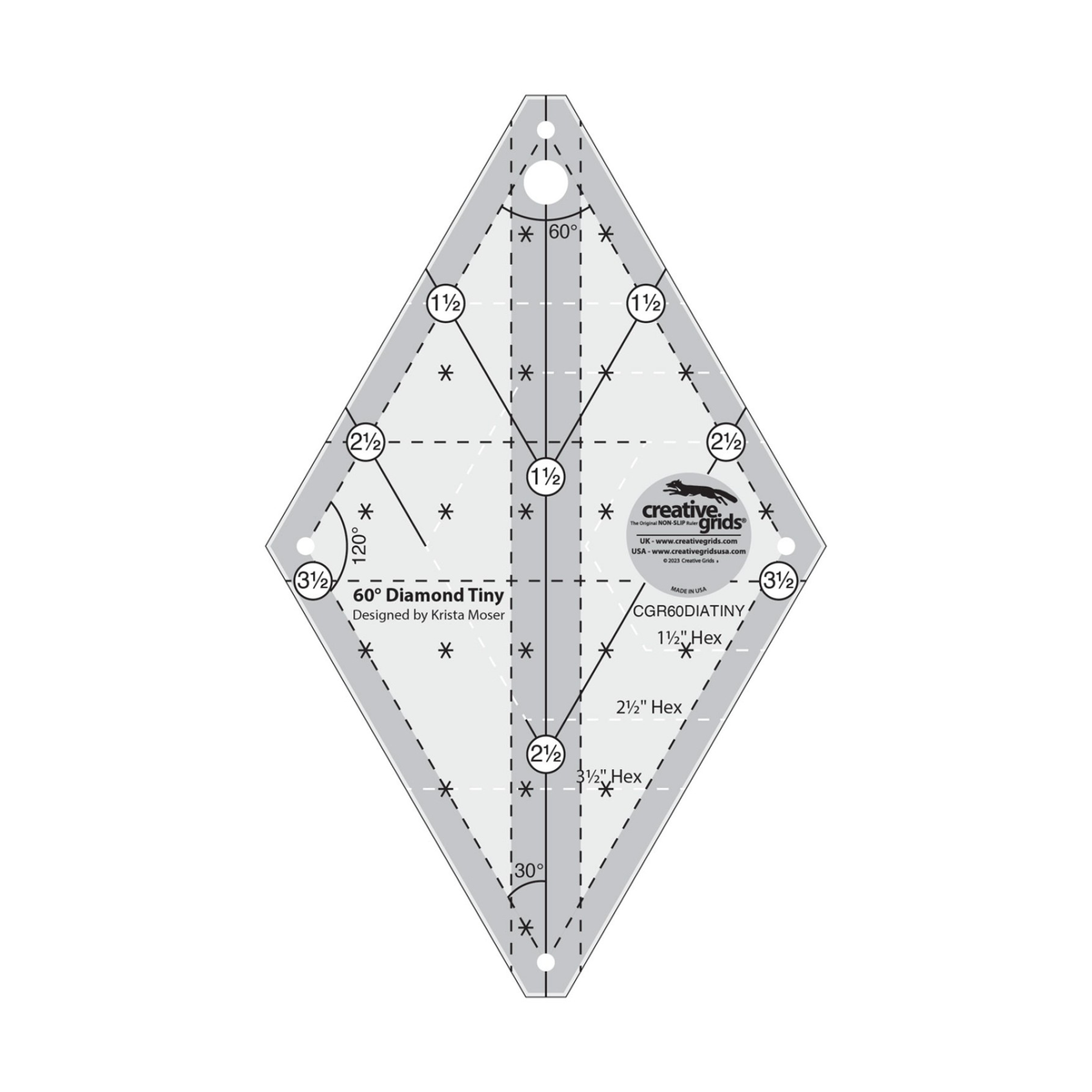Creative Grids 60 Degree Tiny Diamond CGR60DIATINY by Krista Moser, diamond-shaped ruler, grayscale render on white: circled labels 1 1/2 to 3 1/2 along both upper edges and 1 1/2 and 2 1/2 down the solid center line, solid angled lines, dashed horizontal lines, dashed seam lines inside the edges, 60, 120, and 30 degree angle labels, white dashed outlines labeled 1 1/2, 2 1/2, and 3 1/2 inch Hex, asterisk marks, and the Creative Grids logo circle.