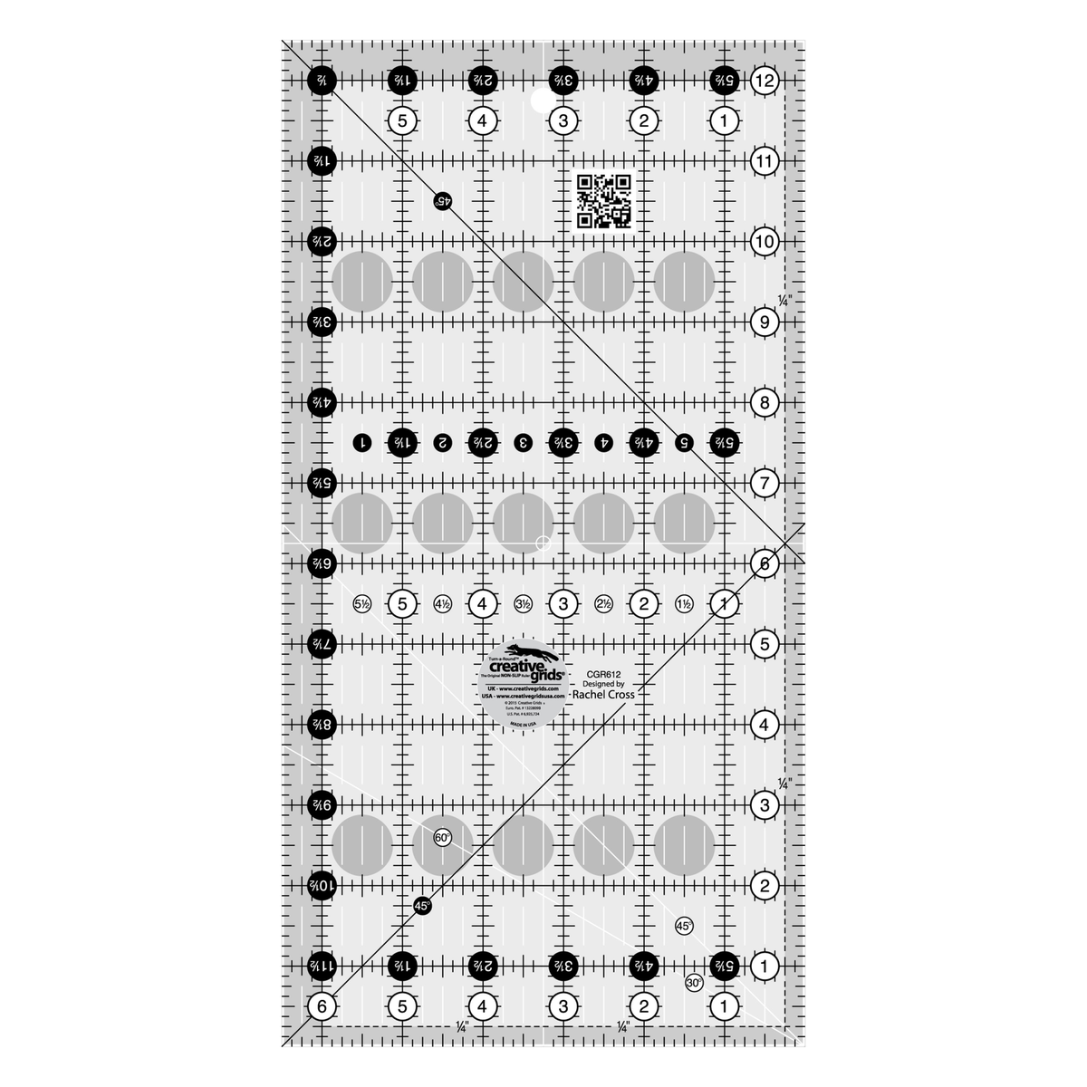 Creative Grids 6-1/2 x 12-1/2 inch rectangle quilt ruler CGR612 by Rachel Cross, grayscale render on white: 1 inch grid with 1/8 inch tick marks, black numbers 1 to 12 in white dots up one long edge and 1 to 6 along the bottom, white half-inch Turn-a-Round numbers in black dots on the other two edges, two black 45 degree lines crossing on the 1/4 inch seam line, a white 45 degree line and a white 30/60 line at one end, white centering lines, a QR code, and the Creative Grids logo circle.
