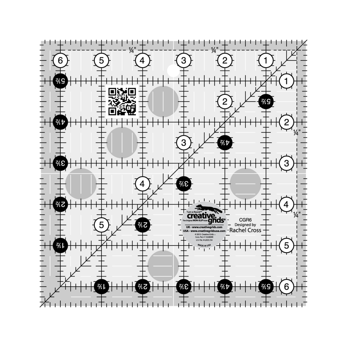 Creative Grids 6-1/2 inch square quilt ruler CGR6 by Rachel Cross, grayscale render on white: 1 inch grid with 1/8 inch tick marks, black numbers 1 to 6 in white dots on two edges, white half-inch numbers 1-1/2 to 5-1/2 in black dots on the other two, one 45 degree diagonal, 1/4 inch dashed seam line inside two edges, white centering lines, a QR code, and the Creative Grids non-slip logo circle marked Made in USA.