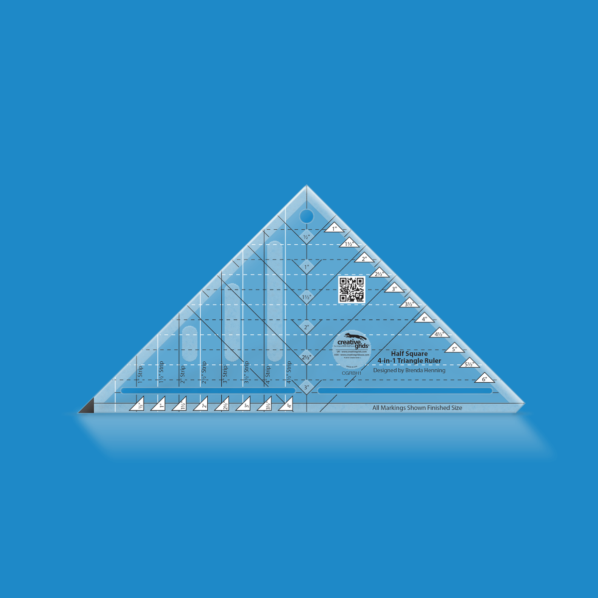 Creative Grids Half-Square 4-in-1 Triangle CGRBH1 by Brenda Henning in translucent blue acrylic with triangle labels 1 to 6 inches, center diamond labels 1/2 to 3 inches, strip labels 1 to 4 1/2 inches, marking slots near the base, All Markings Shown Finished Size, QR code, and the Designed by Brenda Henning credit.