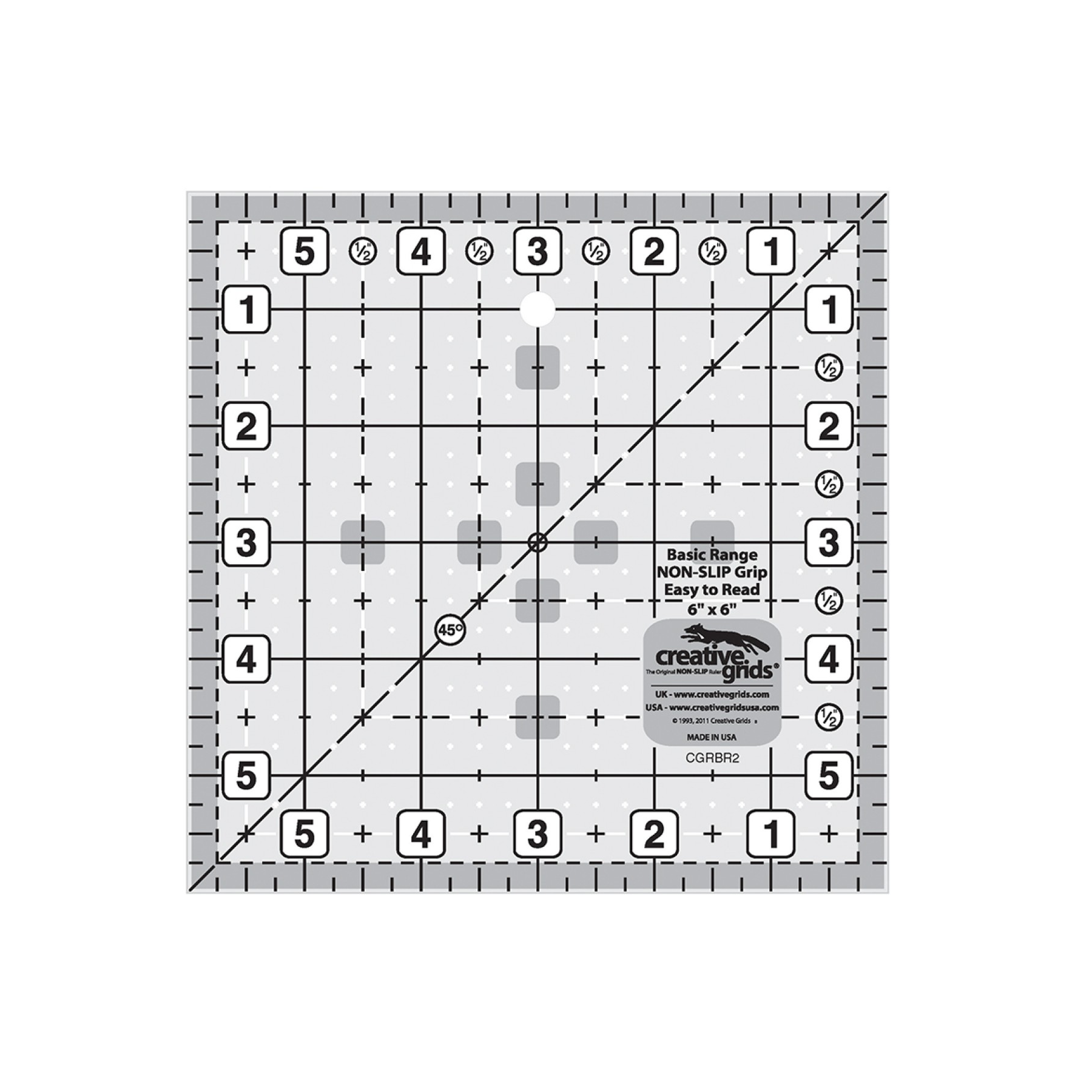 Creative Grids Basic Range 6-inch square quilt ruler CGRBR2 in grayscale showing a 1-inch grid with black numbers on white squares, dashed half-inch lines, quarter-inch plus signs, and a 45-degree diagonal line for squaring half-square triangles.