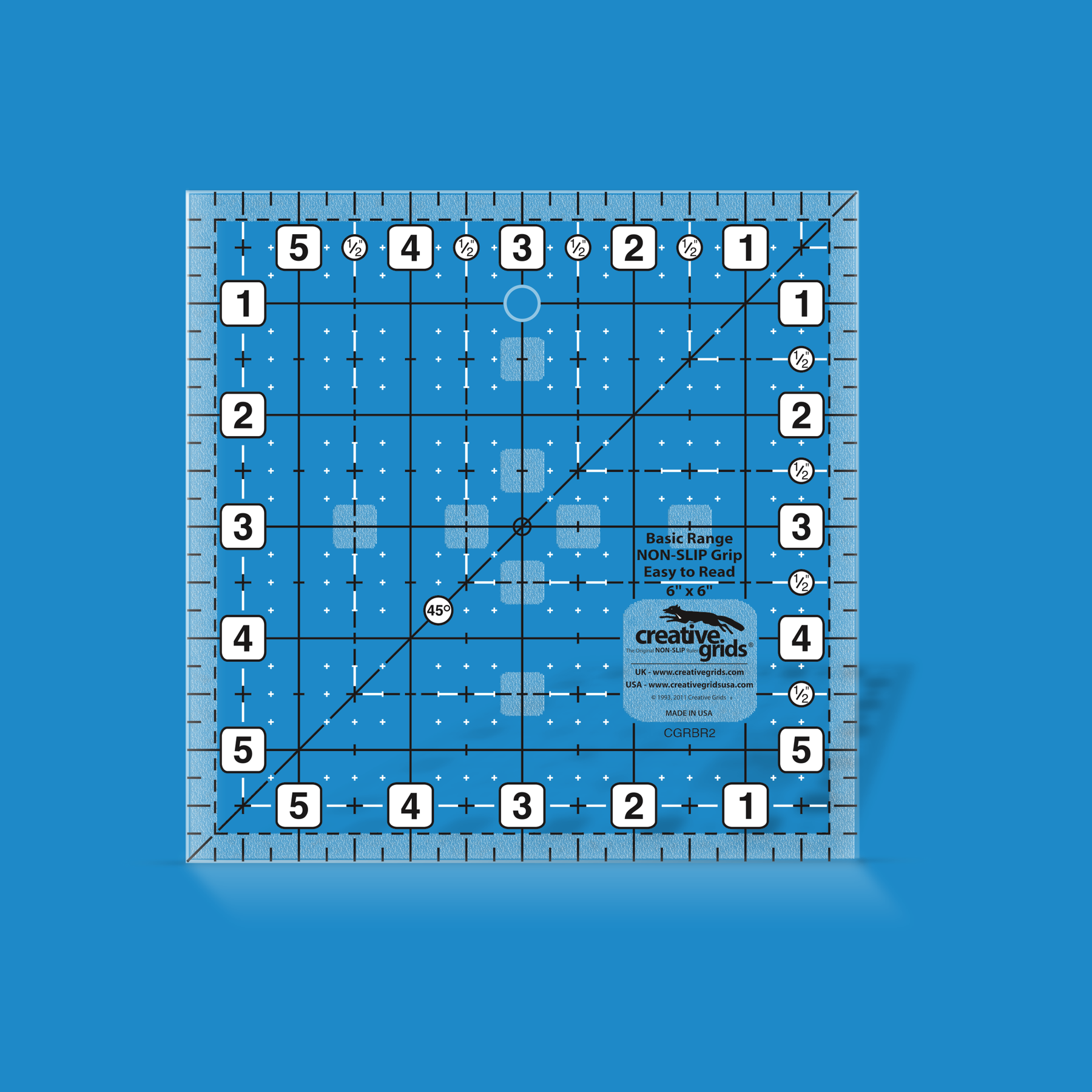 Creative Grids Basic Range 6-inch square quilt ruler CGRBR2 rendered in translucent blue acrylic with black and white grid markings, numbered edges, and a 45-degree diagonal line.