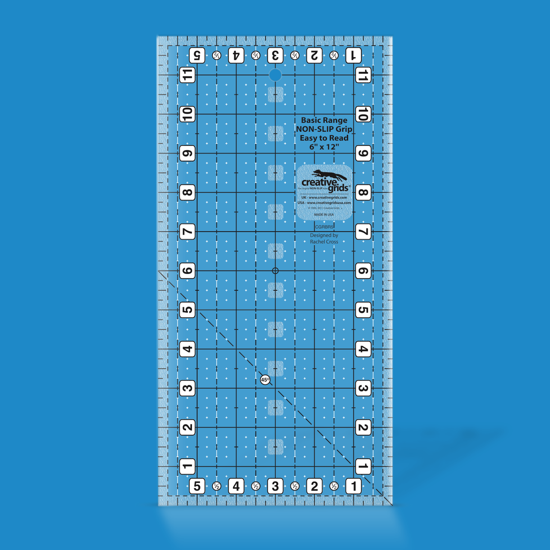 Creative Grids Basic Range 6-inch x 12-inch rectangle quilt ruler CGRBR5 rendered in translucent blue acrylic with black and white grid markings, numbered edges, and a 45-degree diagonal line.
