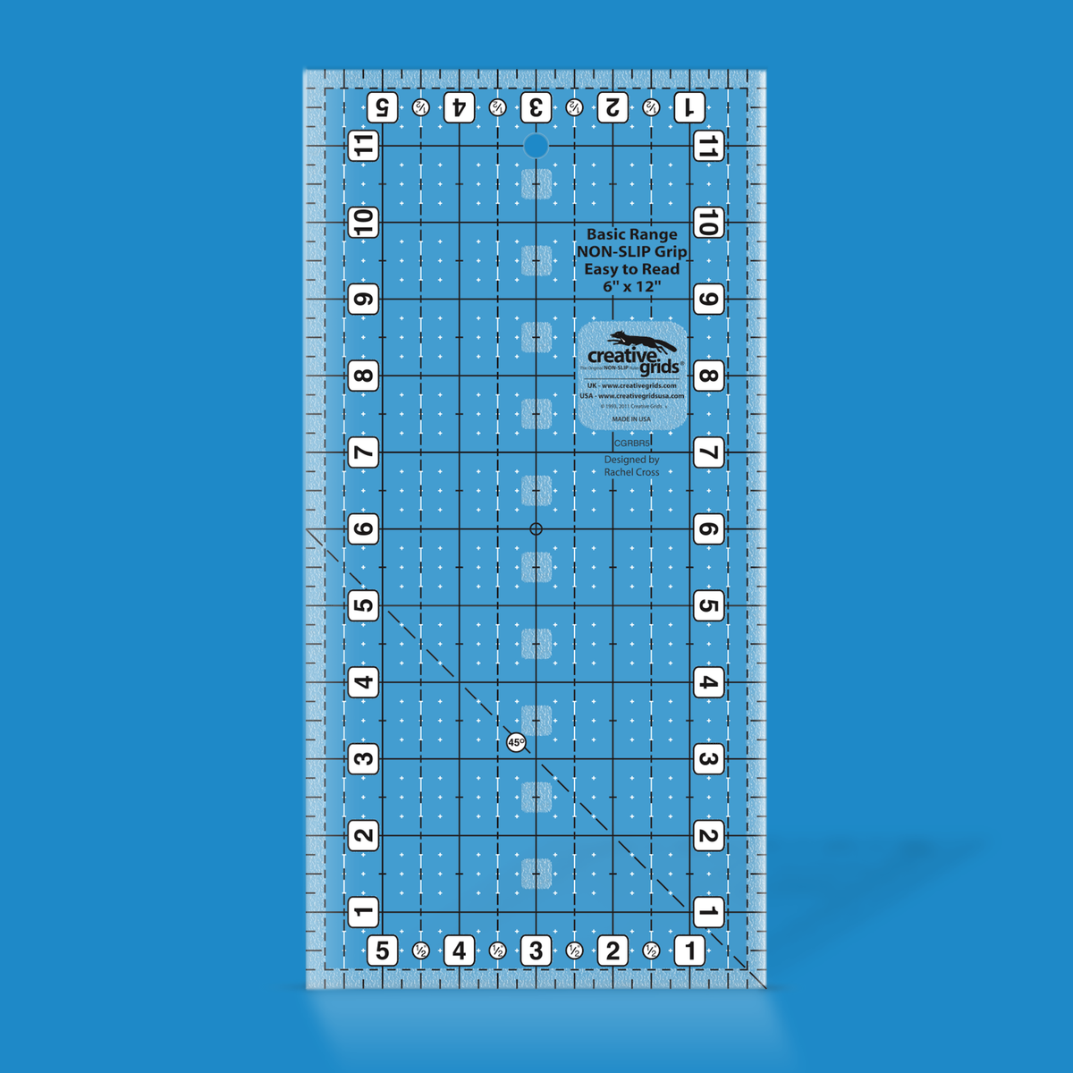 Creative Grids Basic Range 6-inch x 12-inch rectangle quilt ruler CGRBR5 rendered in translucent blue acrylic with black and white grid markings, numbered edges, and a 45-degree diagonal line.