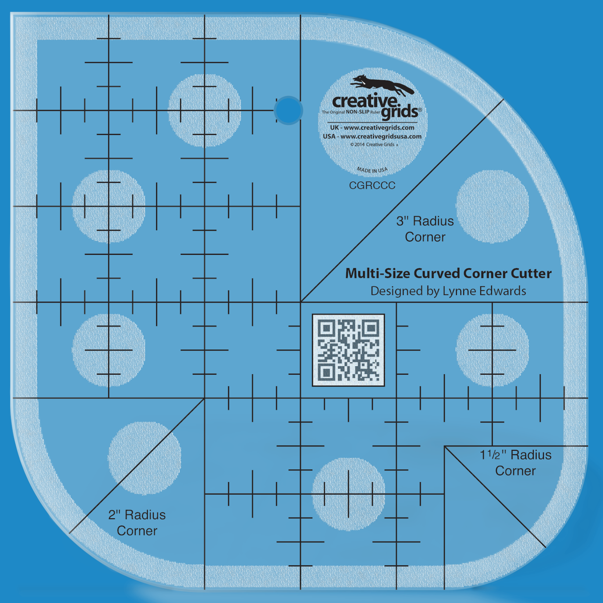 Creative Grids Curved Corner Cutter CGRCCC by Lynne Edwards in translucent blue acrylic with three rounded corners labeled 1 1/2 inch, 2 inch, and 3 inch Radius Corner, a diagonal line at each, black grid lines with tick marks, a QR code, and the Designed by Lynne Edwards credit.