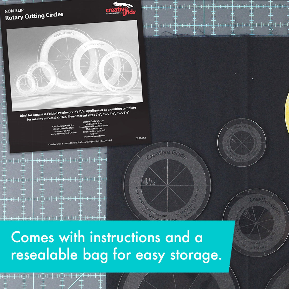 Package insert for the Creative Grids Circles Set of 5 CGRCRCL, titled Non-Slip Rotary Cutting Circles, with a photo of the five circles and a line that lists Japanese folded patchwork, yo-yos, applique, and quilting curves and circles. The 4 1/2, 2 1/2, and 3 1/2 inch circles lie beside it on black fabric. A caption says the set comes with instructions and a resealable bag for storage.