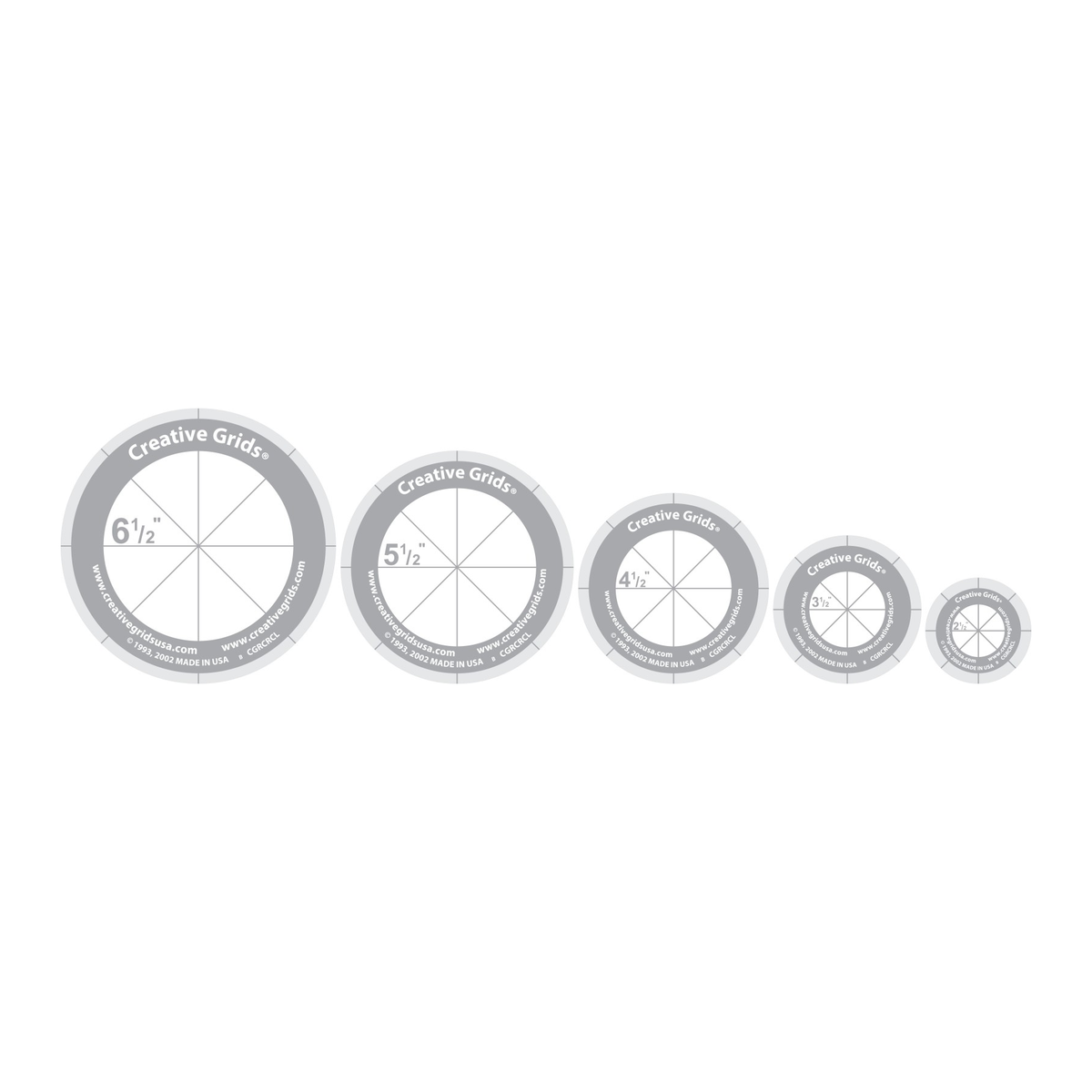 Creative Grids Circles Set of 5 CGRCRCL by Rachel Cross, five round templates in a row from largest to smallest, grayscale render on white: each circle prints its size (6 1/2, 5 1/2, 4 1/2, 3 1/2, and 2 1/2 inches), straight lines that divide it into eight wedges, tick marks at the rim, and a gray ring printed with the Creative Grids name and two website addresses.