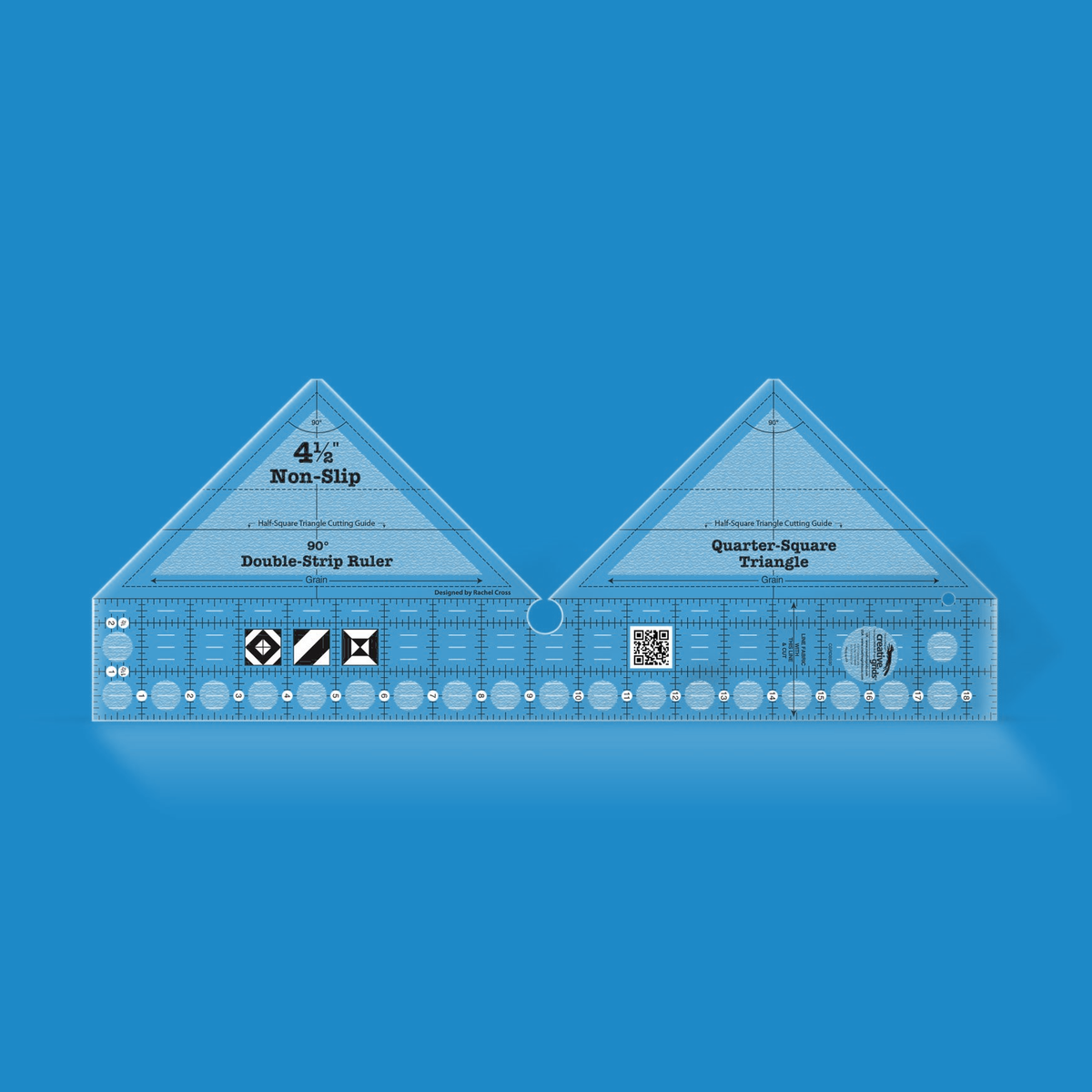 Creative Grids 90 Degree Double-Strip Ruler CGRDBS90 by Rachel Cross in translucent blue acrylic: one long ruler with two 90 degree triangle peaks labeled Double-Strip Ruler and Quarter-Square Triangle above a gridded strip numbered 1 to 18, with a keyhole between the triangles, three block icons, a QR code, and the Designed by Rachel Cross credit.