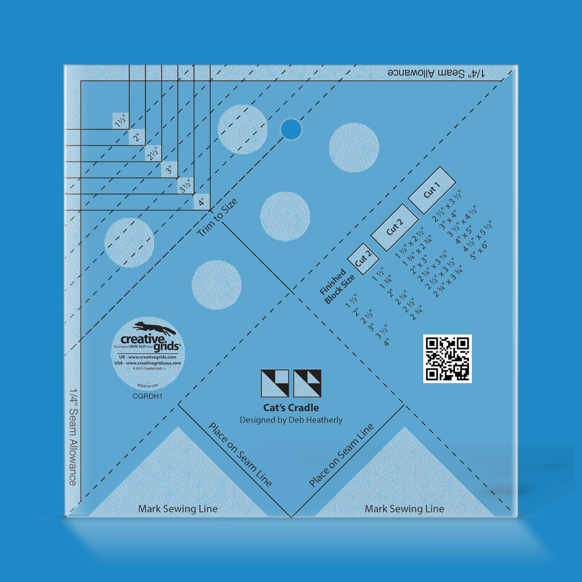 Creative Grids Cat's Cradle Tool CGRDH1 by Deb Heatherly in translucent blue acrylic with trim-to-size corner lines, dashed diagonal trim lines, cutting chart, Place on Seam Line and Mark Sewing Line guides, QR code, and two Cat's Cradle block icons above the Designed by Deb Heatherly credit.