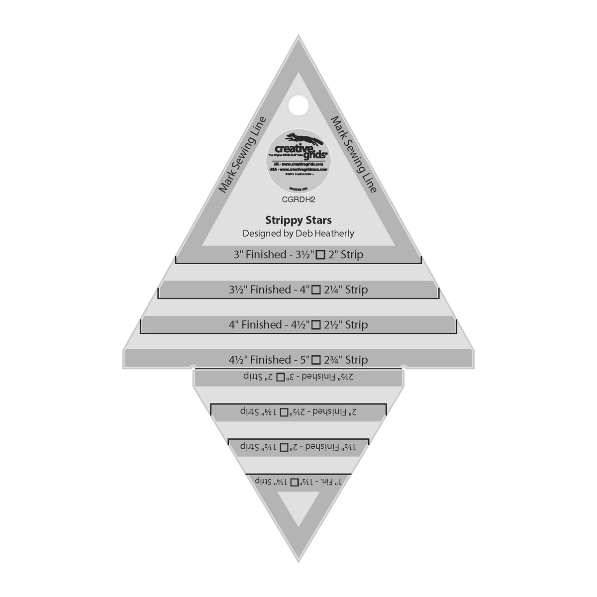 Creative Grids Strippy Stars Tool CGRDH2 by Deb Heatherly, a wide triangle stacked on a narrower inverted triangle, grayscale render on white: eight gray bands, four reading upright on the large triangle and four reading upside down on the small one, each printed with a finished size, a square size, and a strip width above a solid black line, Mark Sewing Line along both upper edges, a hanging hole, the Designed by Deb Heatherly credit, and the Creative Grids logo circle.