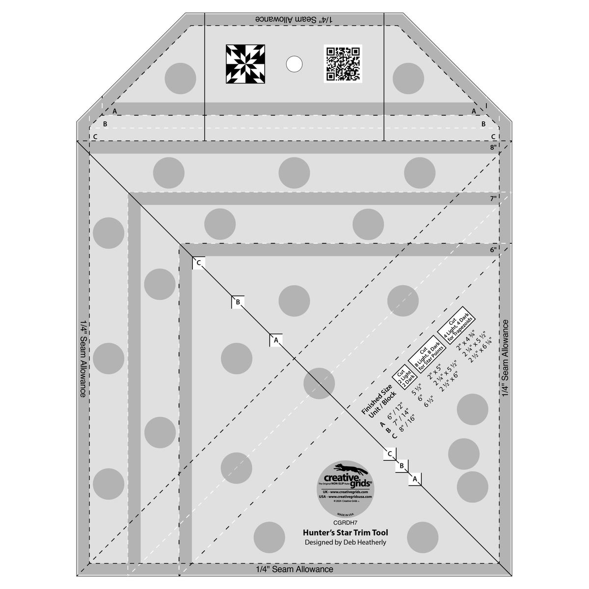 Creative Grids Hunter's Star Trim Tool CGRDH7 by Deb Heatherly, rectangle with two clipped top corners, grayscale render on white: nested trim lines labeled 6, 7, and 8 inches, A, B, and C marks along a solid diagonal line, dashed diagonal lines, a cutting chart for unit and block sizes A 6 and 12, B 7 and 14, and C 8 and 16 inches, 1/4 inch Seam Allowance on four edges, a Hunter's Star block icon, a QR code, gray non-slip grip dots, and the Creative Grids logo circle.