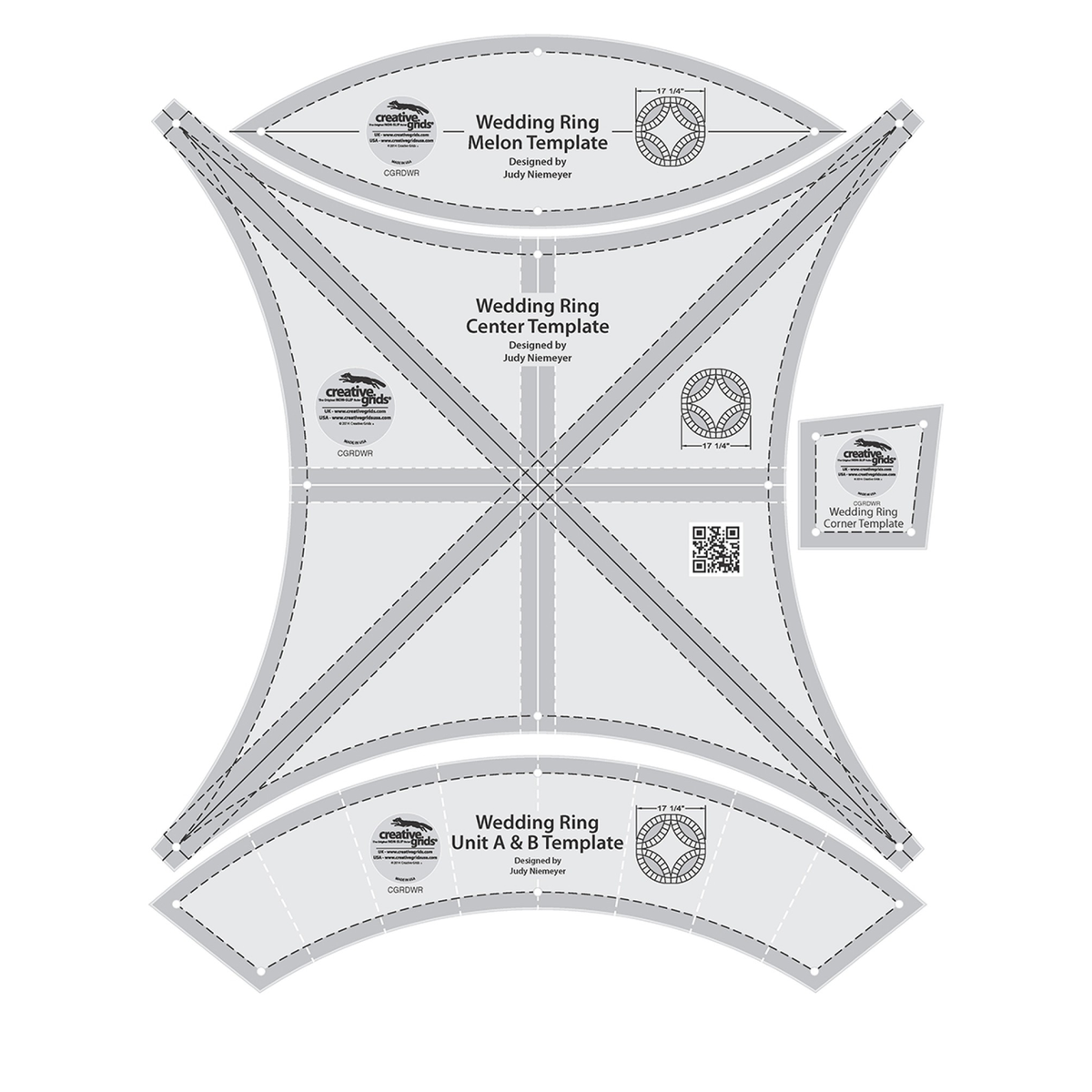 Creative Grids Double Wedding Ring Template Set CGRDWR by Judy Niemeyer, four template pieces, grayscale render on white: Wedding Ring Melon Template, Center Template with four concave sides, curved Unit A and B Template, and a small Corner Template. Dashed lines run inside the edges with small holes along them, a ring diagram marked 17 1/4 inches is on three pieces, and the center piece has a QR code. Each has gray non-slip grip bands and the Creative Grids logo circle.