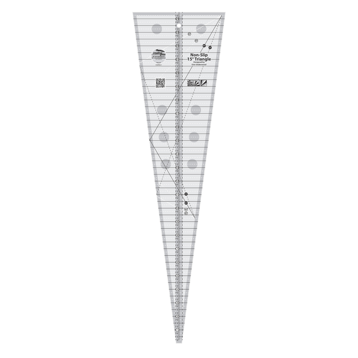 Creative Grids 15 Degree Triangle CGREU1 by Erin Underwood, long wedge ruler, grayscale render on white: the printed name Non-Slip 15 Degree Triangle, a center inch scale labeled 1/4 to 24 1/4 inches, solid black whole and half inch lines, white dashed 1/4 and 3/4 inch lines, two sets of white and black angled lines labeled 30, 45, 60, and 70 degrees, a QR code, three block icons, gray non-slip grip dots, a hang hole, and the Creative Grids logo circle.