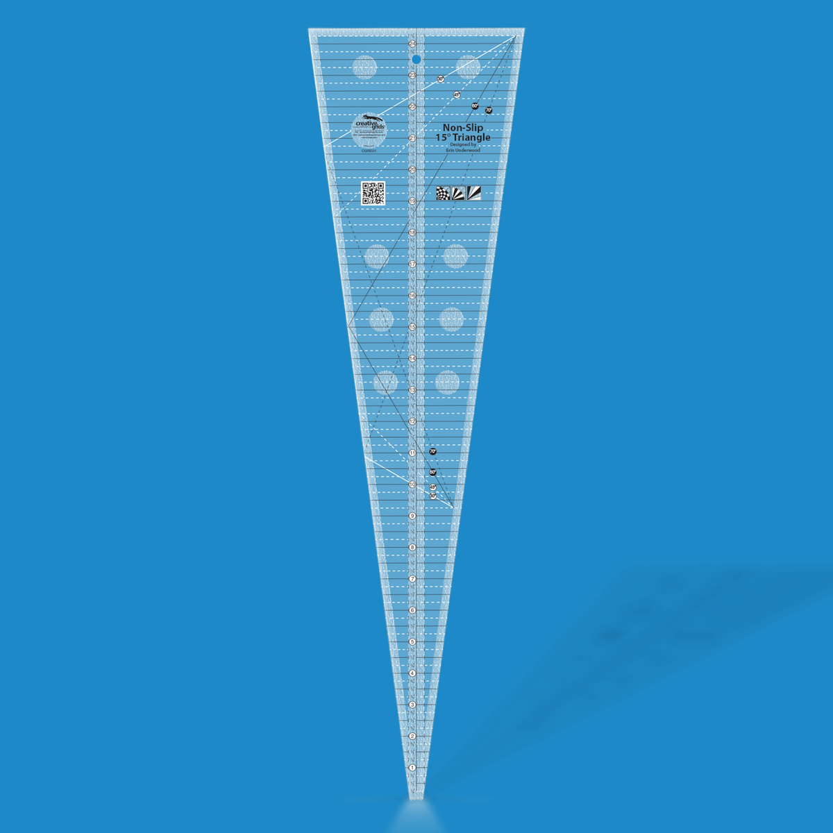 Creative Grids 15 Degree Triangle CGREU1 by Erin Underwood in translucent blue acrylic, a long wedge with a center inch scale numbered 1 to 24, two sets of 30, 45, 60, and 70 degree lines, a QR code, three block icons, a hang hole, and the Designed by Erin Underwood credit.