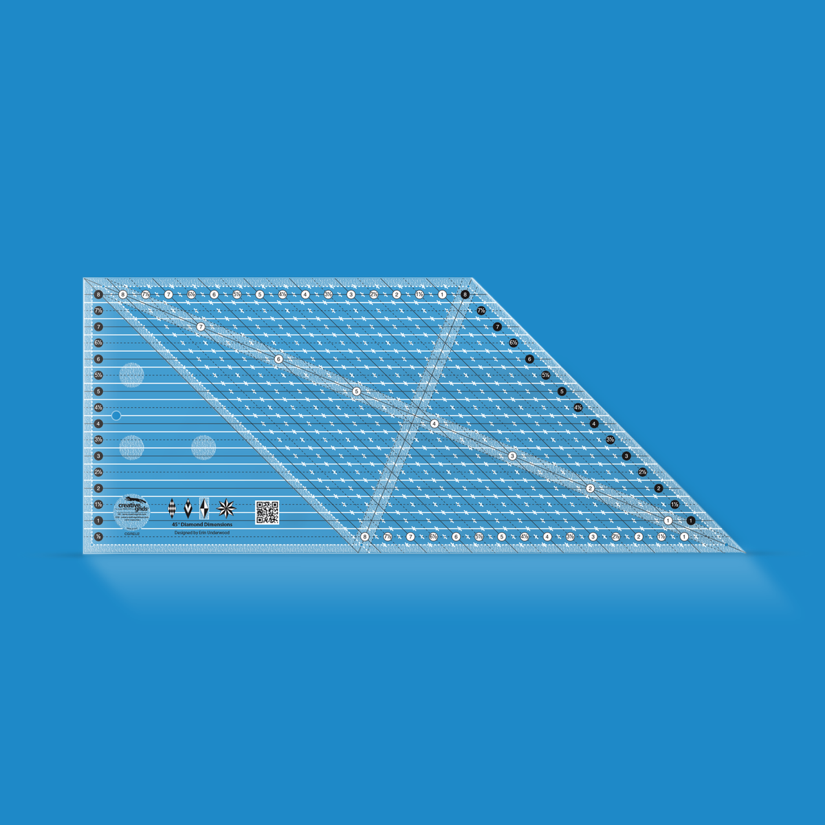 Creative Grids 45 Degree Diamond Dimensions CGREU2 by Erin Underwood in translucent blue acrylic with horizontal lines labeled 1/2 to 8, solid and dashed 45 degree lines labeled 1 to 8 along the top and bottom edges, a long numbered diagonal line, QR code, and four diamond and star block icons above the Designed by Erin Underwood credit.