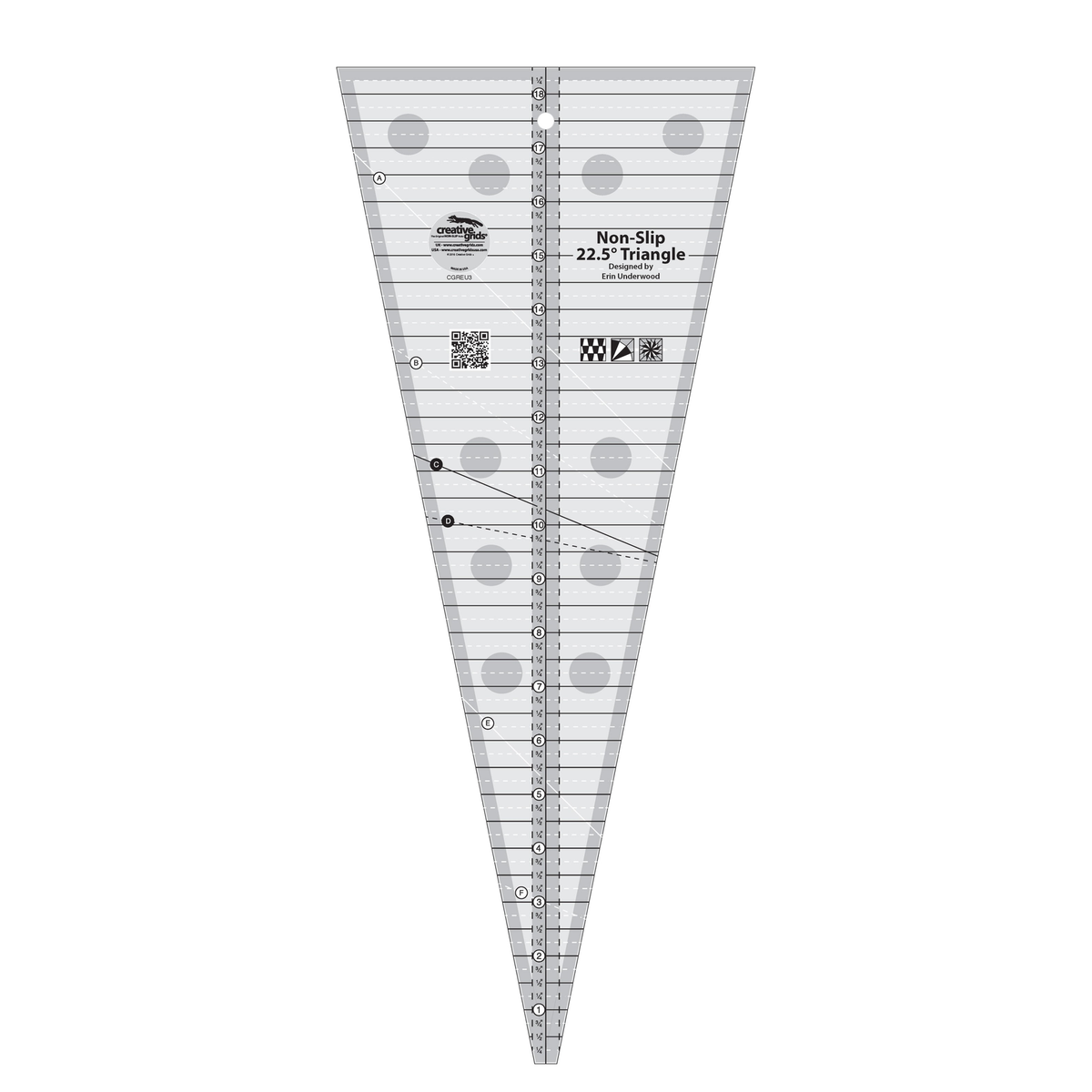 Creative Grids 22.5 Degree Triangle CGREU3 by Erin Underwood, wide wedge ruler, grayscale render on white: the printed name Non-Slip 22.5 Degree Triangle, a center inch scale labeled 1/4 to 18 1/4 inches, solid black whole and half inch lines, white dashed 1/4 and 3/4 inch lines, six angled lines lettered A to F in solid and dashed white and black, a QR code, three block icons, gray non-slip grip dots, a hang hole, and the Creative Grids logo circle.