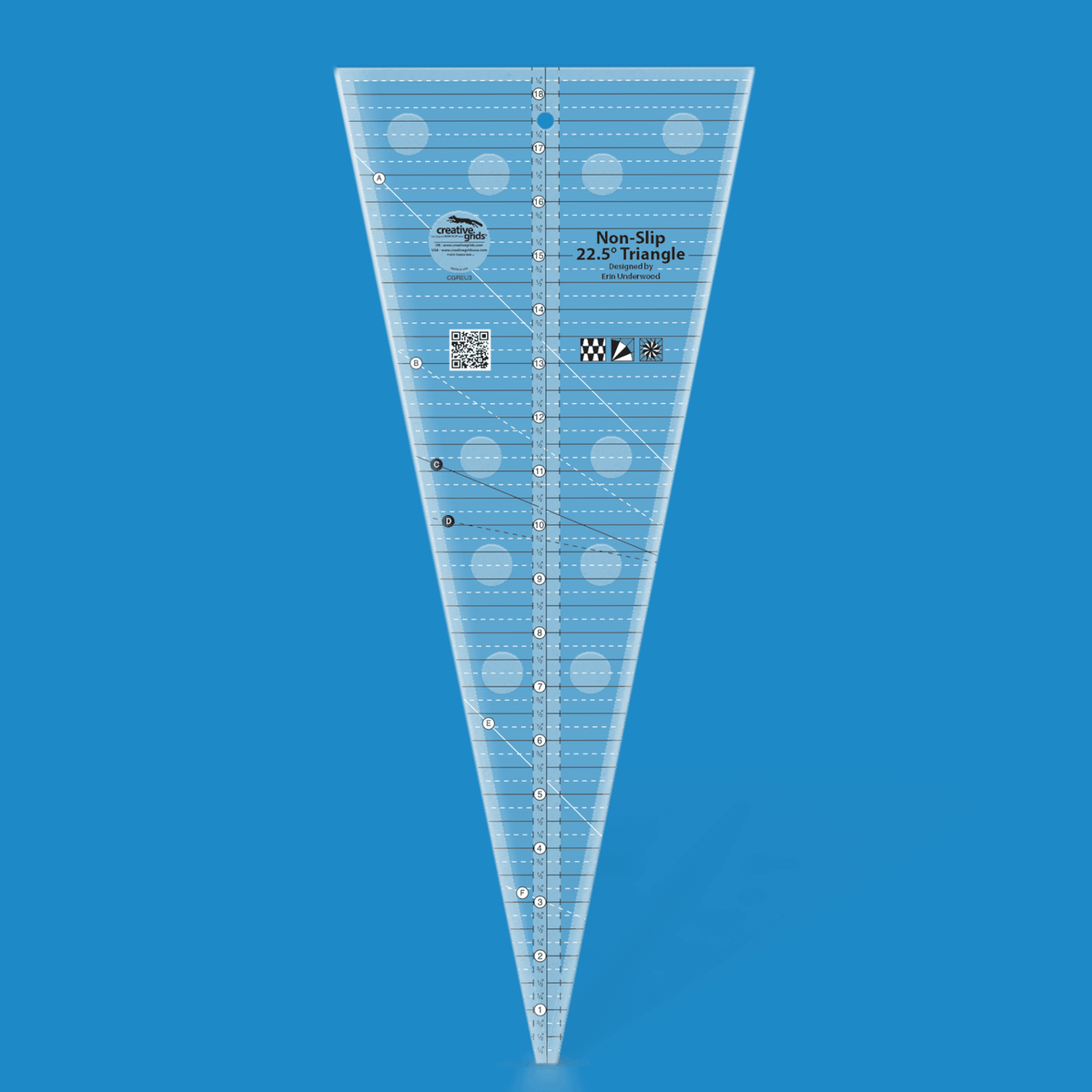 Creative Grids 22.5 Degree Triangle CGREU3 by Erin Underwood in translucent blue acrylic, a wide wedge with a center inch scale numbered 1 to 18, angled lines lettered A to F, a QR code, three block icons, a hang hole, and the Designed by Erin Underwood credit.