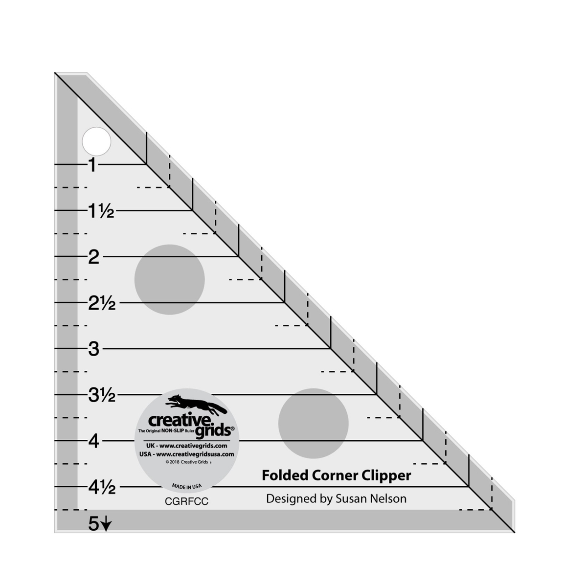 Creative Grids Folded Corner Clipper Tool CGRFCC by Susan Nelson, right triangle trim tool with squared-off tips, grayscale render on white: solid horizontal lines labeled 1 to 4 1/2 in half-inch steps with short dashed lines between them, a 5 with an arrow at the bottom edge, a solid diagonal line with a gray band and short solid and dashed vertical marks beyond it, gray bands on the two straight edges, gray non-slip grip dots, and the Creative Grids logo circle.