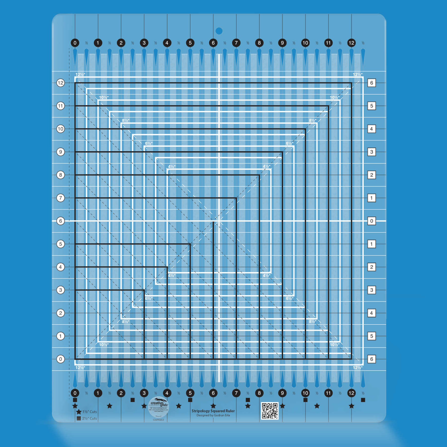 Stripology Squared quilt ruler by Gudrun Erla for Creative Grids shown in translucent blue acrylic, highlighting the slotted cutting channels, block squaring guides, and non-slip grip surface of the 14 1/2 x 17 3/4 inch ruler.