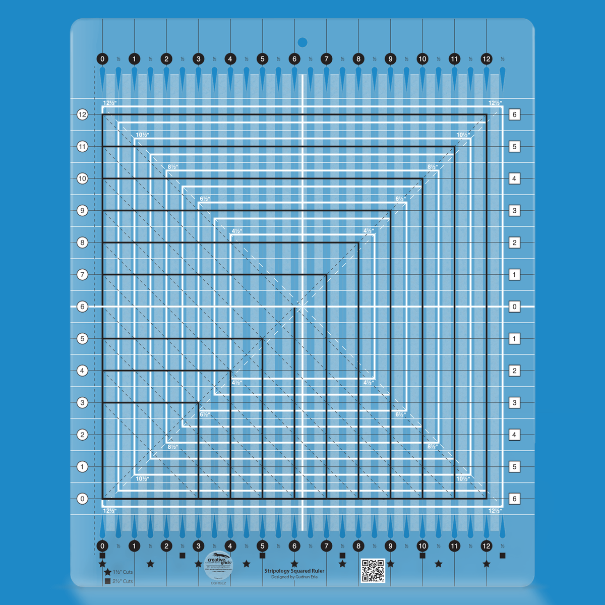 Stripology Squared quilt ruler by Gudrun Erla for Creative Grids shown in translucent blue acrylic, highlighting the slotted cutting channels, block squaring guides, and non-slip grip surface of the 14 1/2 x 17 3/4 inch ruler.