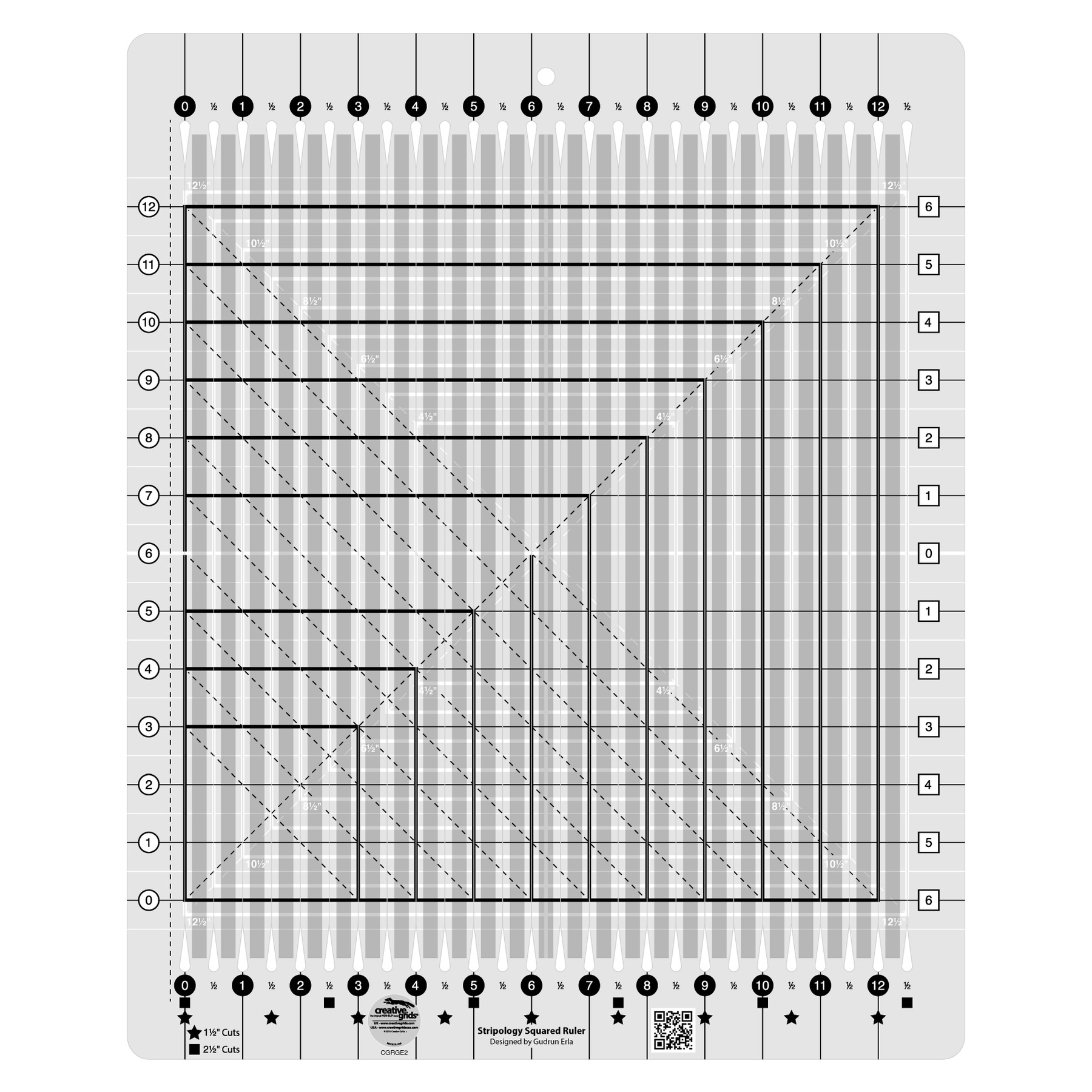 Stripology Squared quilt ruler CGRGE2 by Gudrun Erla for Creative Grids, grayscale product diagram on white showing the 14 1/2 x 17 3/4 inch acrylic ruler with cutting slits every 1/2 inch, black and white radiating squares for trimming blocks up to 12 1/2 inches, and star and square strip-cut markings.