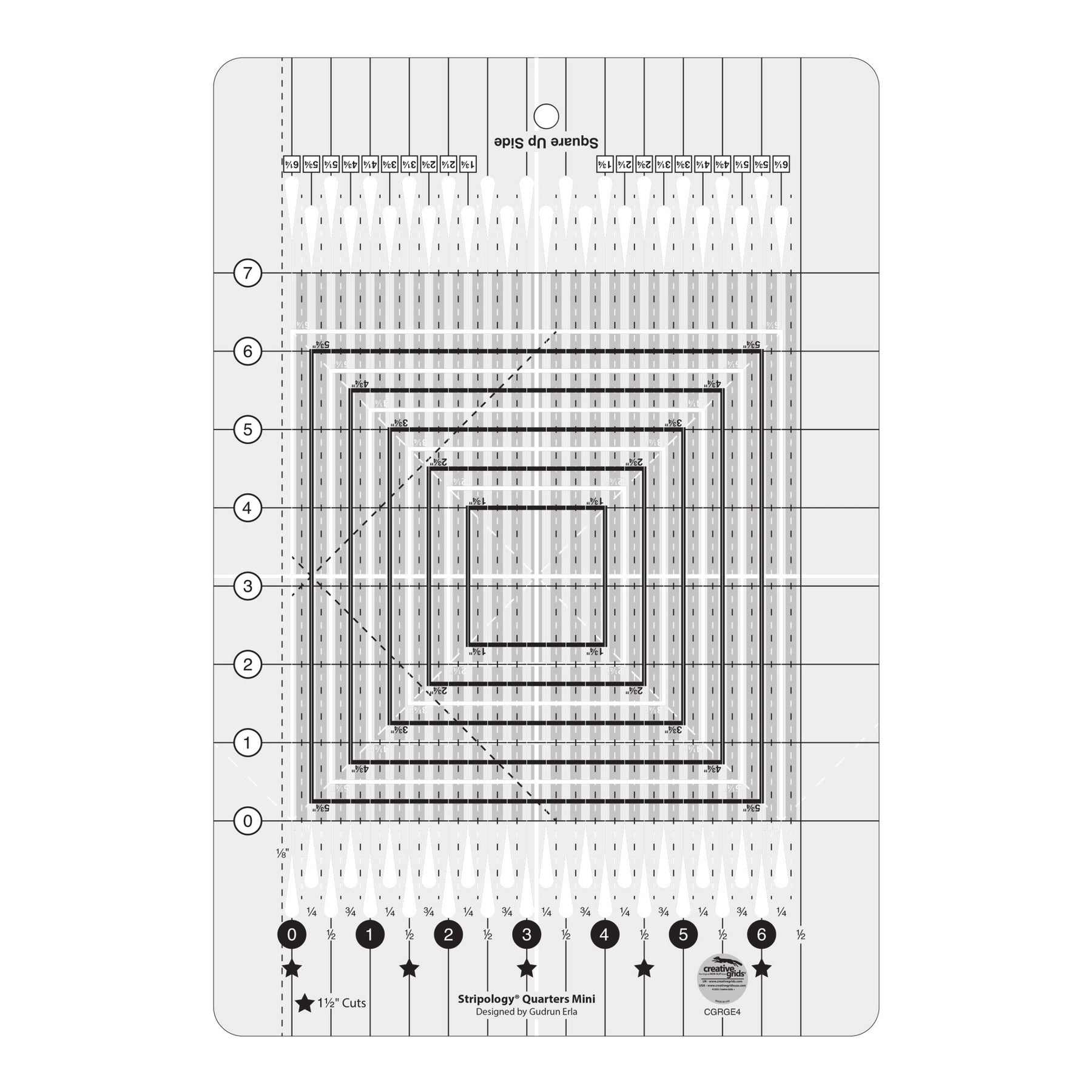 Stripology Quarters Mini quilt ruler CGRGE4 by Gudrun Erla for Creative Grids, grayscale diagram on white showing the 8 1/2 x 12 1/2 inch acrylic ruler with cutting slits every 1/4 inch, black and white squares for squaring blocks up to 6 1/4 inches, 45 degree flying geese trim lines, and star markings for 1 1/2 inch cuts.
