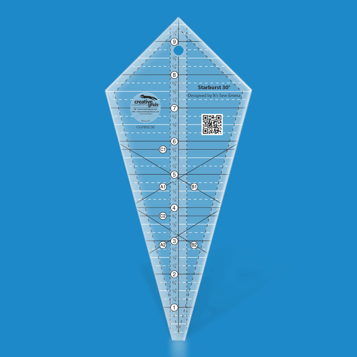 Creative Grids Starburst 30 Degree Triangle CGRISE30 by It's Sew Emma in translucent blue acrylic, a kite shape with a center inch scale to 9 1/4 inches, diagonal lines lettered A1, A2, B1, and B2, cross lines lettered C1 and C2, a QR code, a hang hole, and the Designed by It's Sew Emma credit.