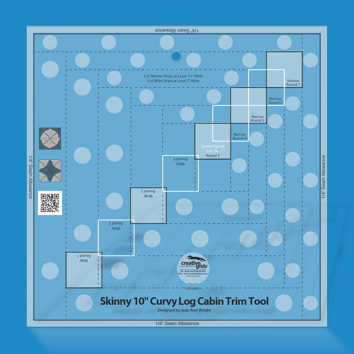 Creative Grids Skinny 10-Inch Curvy Log Cabin Trim Tool CGRJAW14 by Jean Ann Wright in translucent blue acrylic with a diagonal row of centering squares for Narrow and Wide Rounds 1 to 4, a Center Square box labeled Round 5, two block diagrams, QR code, and the Designed by Jean Ann Wright credit.