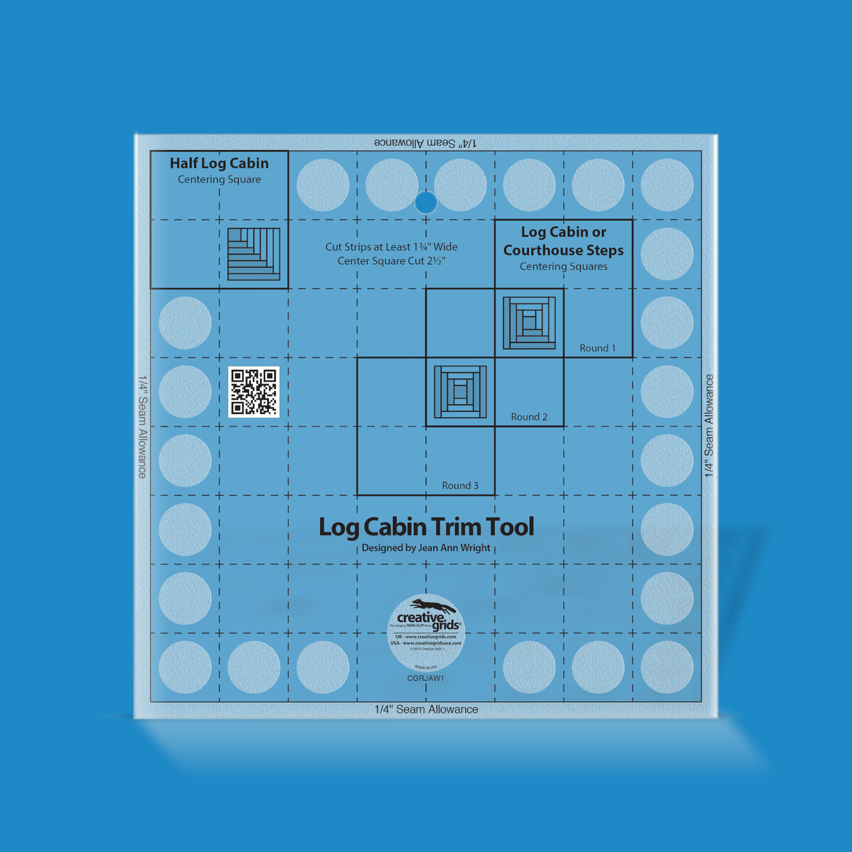 Creative Grids Log Cabin Trim Tool for 8-Inch Finished Blocks CGRJAW1 by Jean Ann Wright in translucent blue acrylic with a dashed grid, Half Log Cabin and Log Cabin or Courthouse Steps Centering Squares, Round 1 to Round 3 labels, block diagrams, QR code, and the Designed by Jean Ann Wright credit.