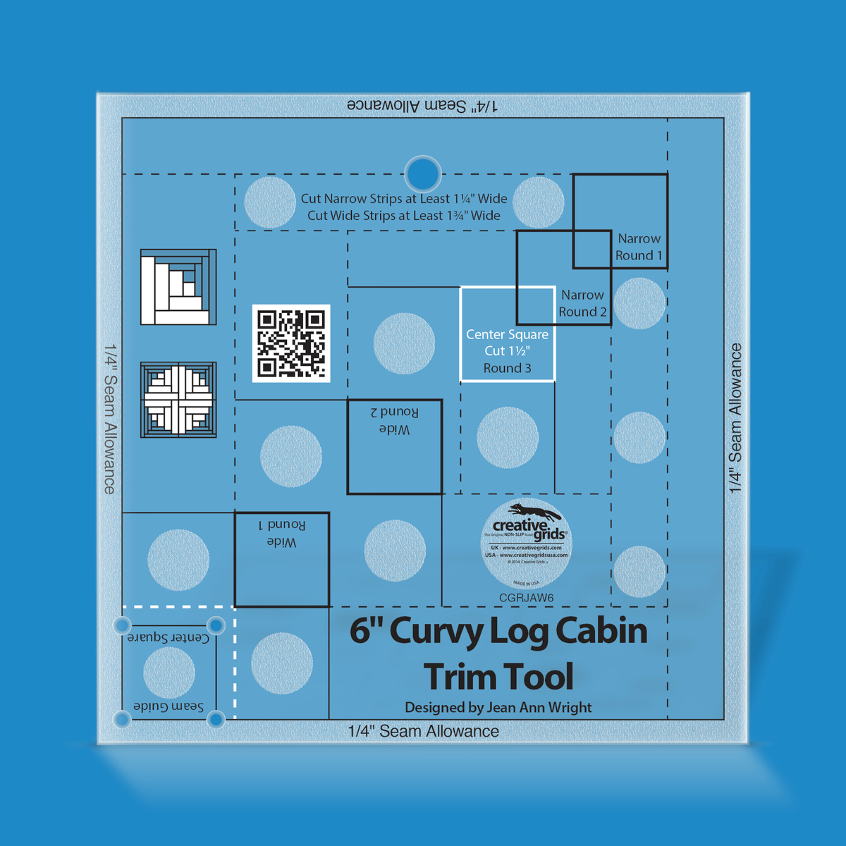 Creative Grids Curvy Log Cabin Trim Tool 6-Inch Finished Blocks CGRJAW6 by Jean Ann Wright in translucent blue acrylic with Narrow and Wide Round 1 and 2 centering squares, a Center Square box, a Seam Guide corner box, two block diagrams, QR code, and the Designed by Jean Ann Wright credit.