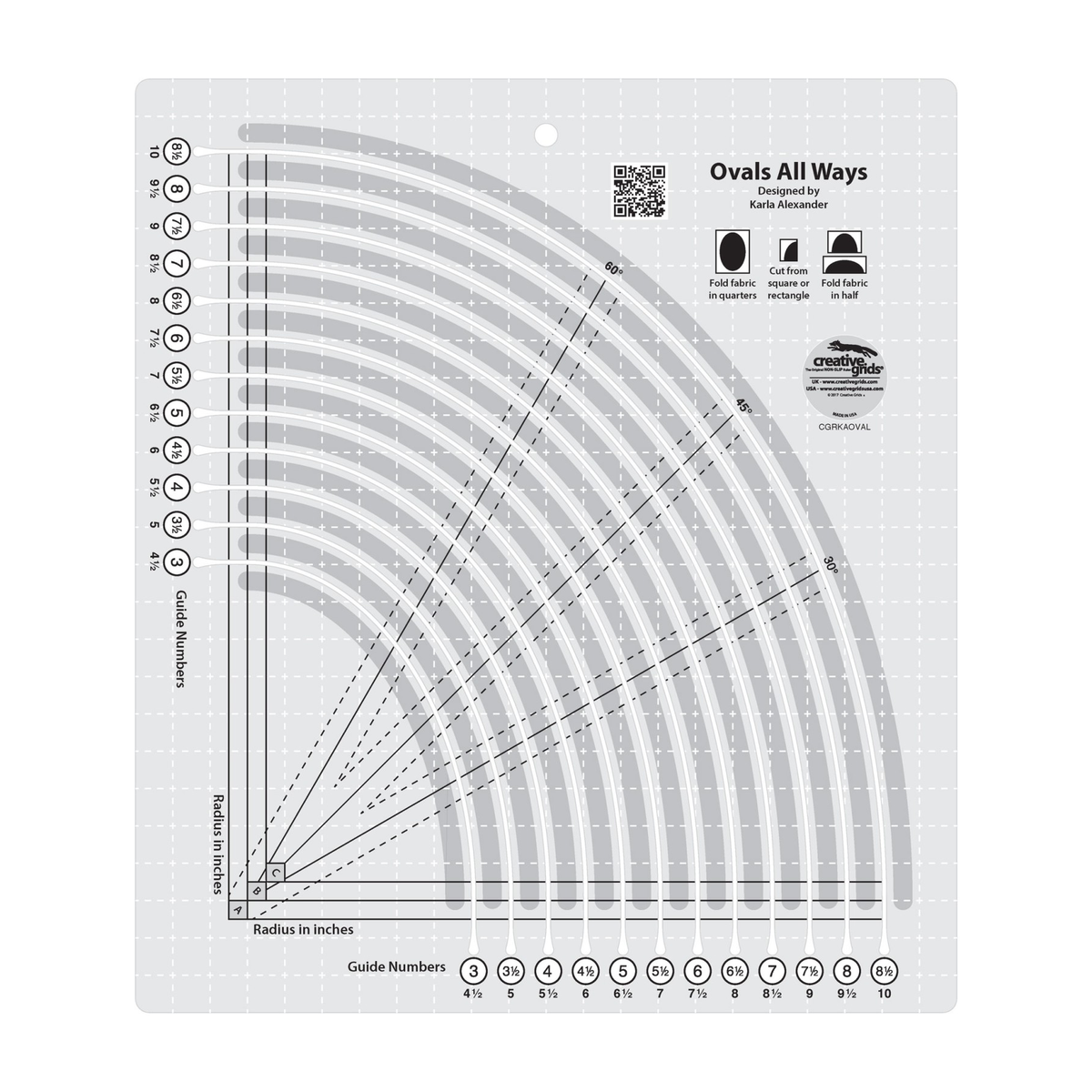 Creative Grids Ovals All Ways CGRKAOVAL by Karla Alexander, rectangular ruler with rounded corners, grayscale render on white: twelve curved cutting slots with circled Guide Numbers 3 to 8 1/2 and a second number from 4 1/2 to 10 beside each, corner squares labeled A, B, and C, 30, 45, and 60 degree lines with dashed lines beside them, a white dashed grid, three fold and cut icons, gray non-slip grip bands, a QR code, and the Creative Grids logo circle.
