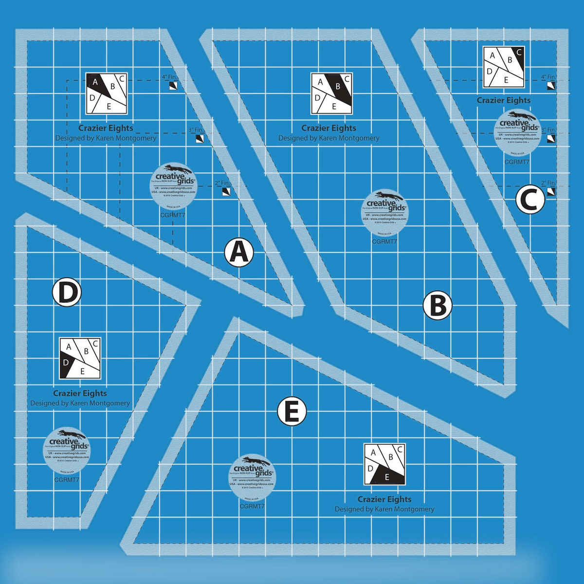 Creative Grids Crazier Eights Templates CGRMT7 by Karen Montgomery in translucent blue acrylic: five angled pieces labeled A, B, C, D, and E, each with a lettered block diagram, the name Crazier Eights, and a white grid, with 4, 3, and 2 inch Fin. lines on the A and C pieces.