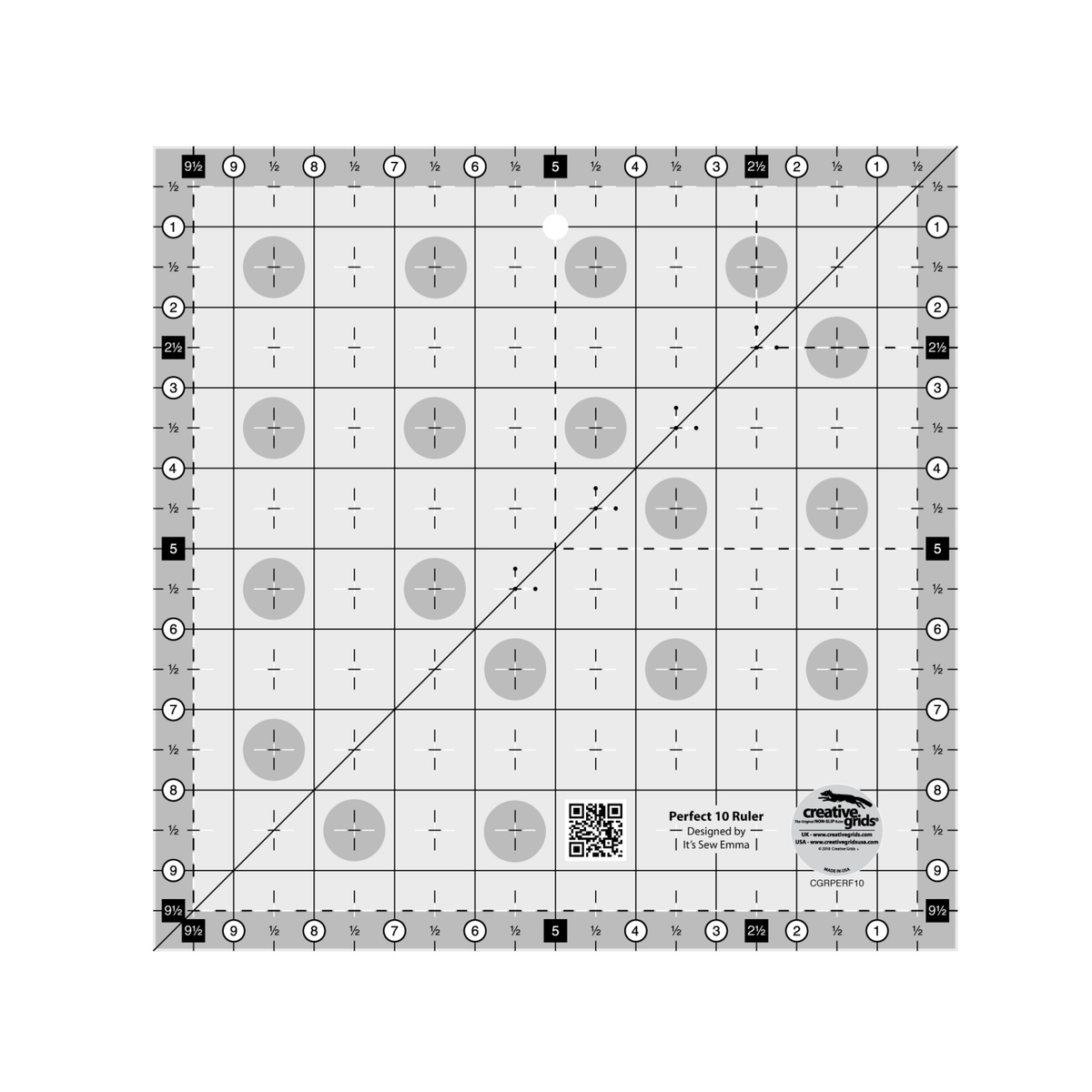 Creative Grids Perfect 10 Ruler CGRPERF10 by It's Sew Emma, 10 inch square, grayscale render on white: solid lines at each inch numbered 1 to 9 on all four sides, half inch cross marks with 1/2 labels, black 2 1/2, 5, and 9 1/2 labels with dashed lines, a solid corner-to-corner diagonal line, a shaded border, gray non-slip grip circles, a hanging hole, a QR code, the Designed by It's Sew Emma credit, and the Creative Grids logo circle.