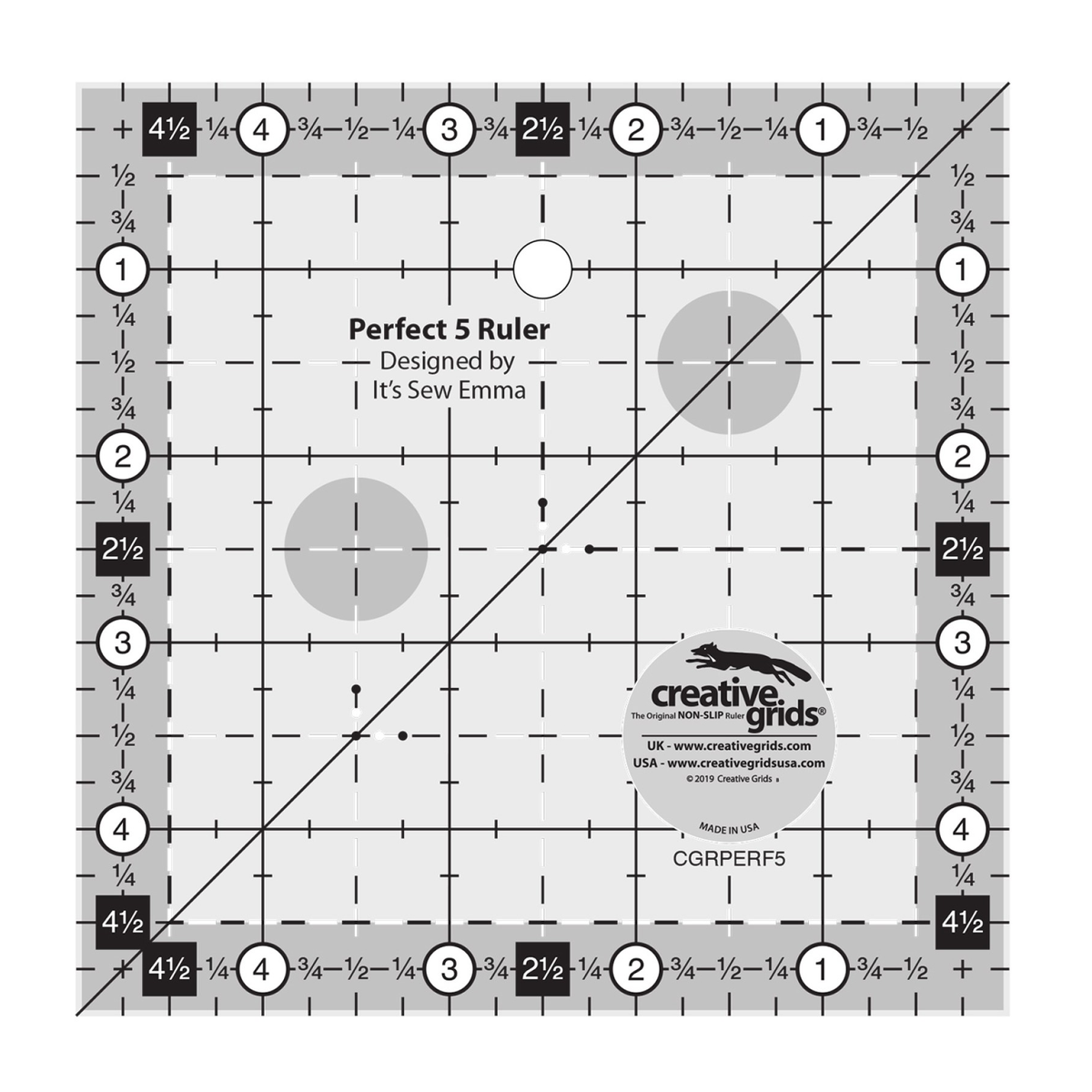 Creative Grids Perfect 5 Ruler CGRPERF5 by It's Sew Emma, 5 inch square, grayscale render on white: solid lines at each inch numbered 1 to 4 in circles on all four sides, dashed half inch lines, 1/4 inch tick marks with 1/4, 1/2, and 3/4 labels, black 2 1/2 and 4 1/2 labels, a dashed square at the 1/2 and 4 1/2 inch lines inside a shaded border, a solid corner-to-corner diagonal line, gray non-slip grip circles, a hanging hole, the Designed by It's Sew Emma credit, and the Creative Grids logo circle.