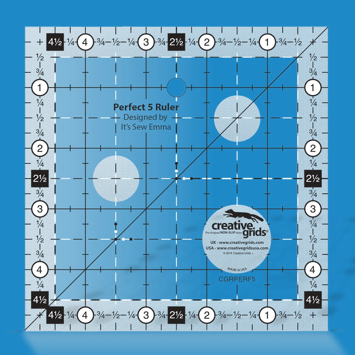 Creative Grids Perfect 5 Ruler CGRPERF5 by It's Sew Emma in translucent blue acrylic with inch lines numbered 1 to 4, dashed half inch lines, black 2 1/2 and 4 1/2 labels, a corner-to-corner diagonal line, and the Designed by It's Sew Emma credit.