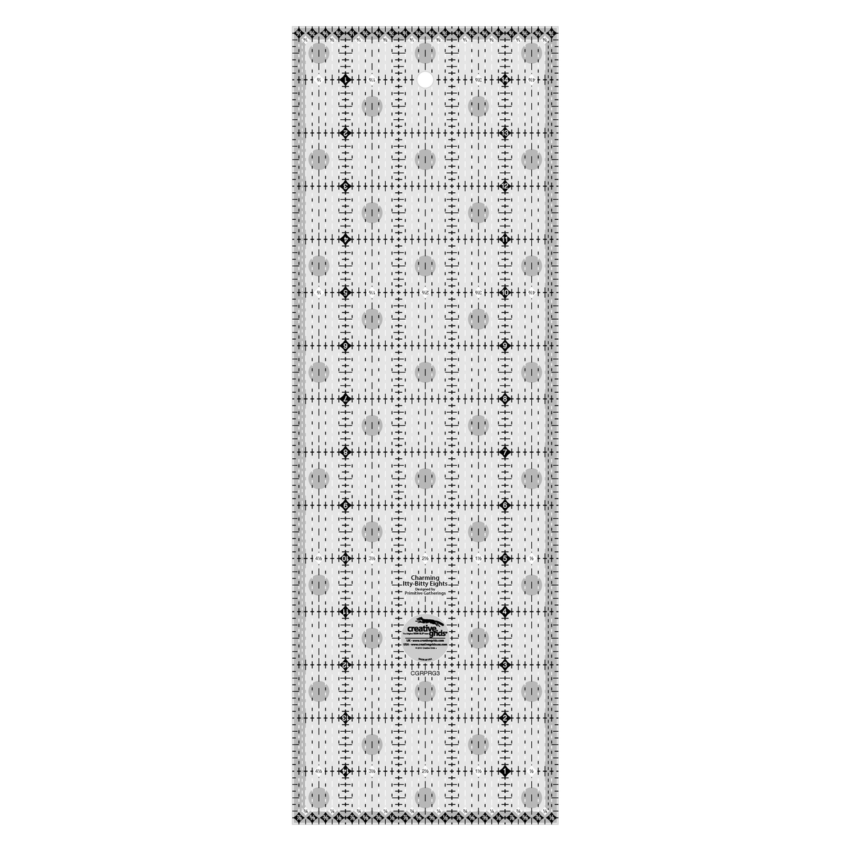 Creative Grids Charming Itty-Bitty Eights 5 x 15 inch rectangle quilt ruler CGRPRG3 by Lisa Bongean, grayscale render on white: dashed black and white lines at every 1/8 inch along the length, whole inches 1 to 14 numbered in black diamonds from both ends, eighth-inch fractions in black and white diamonds across each end, 3/16 inch lines inside the long edges, gray non-slip grip dots, and the Creative Grids logo circle.
