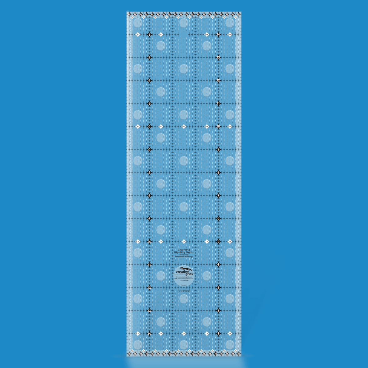 Creative Grids Charming Itty-Bitty Eights 5 x 15 inch rectangle quilt ruler CGRPRG3 by Lisa Bongean rendered in translucent blue acrylic with black and white dashed eighth-inch lines, numbered black diamonds, fraction diamonds at both ends, and the Creative Grids non-slip logo.